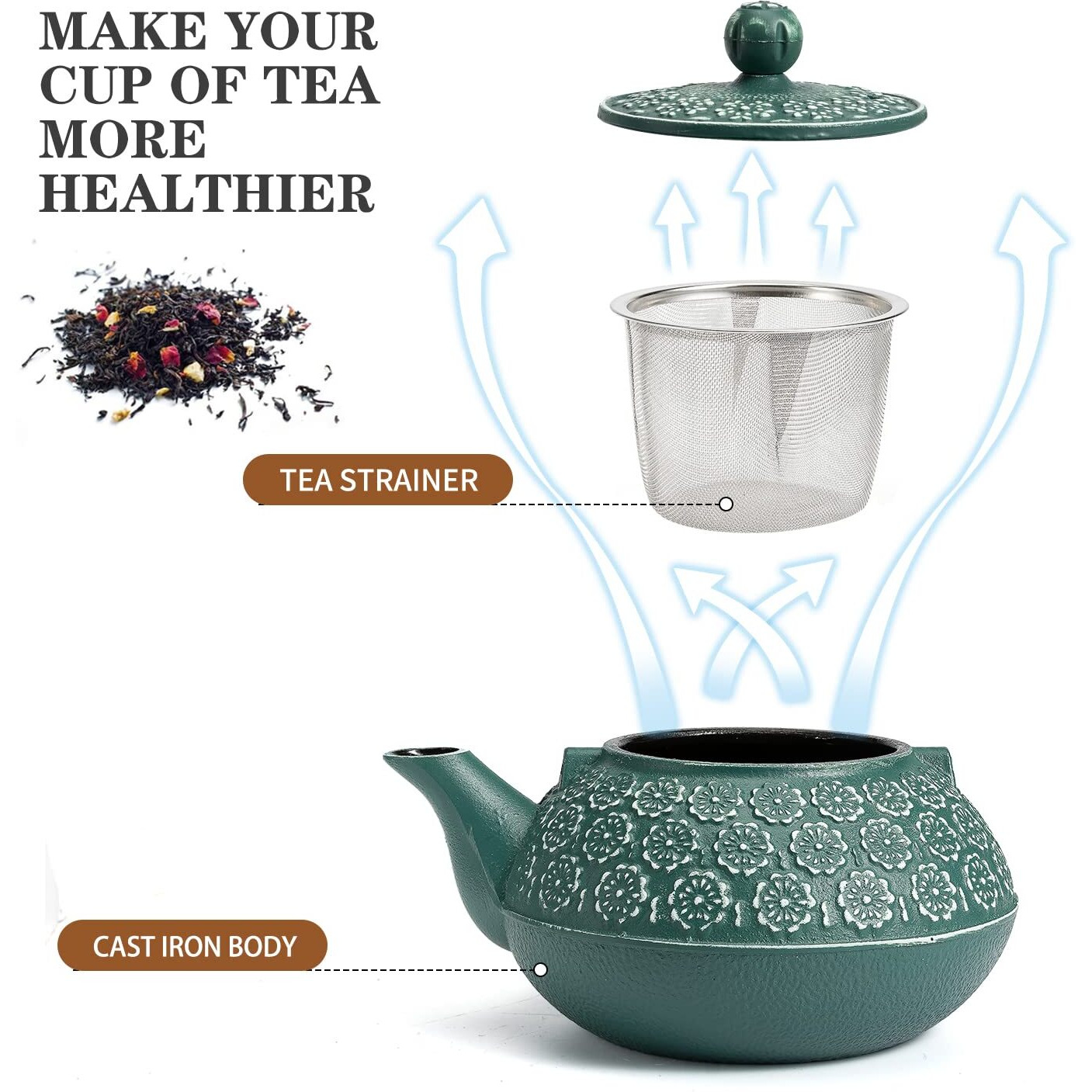 Sotya Cast Iron Teapot, 30Oz/900Ml Japanese Tetsubin Tea Pot With Infuser For Loose Leaf And Tea Bags, Tea Kettle Coated With Enameled Interior For Stove Top, Dark Green