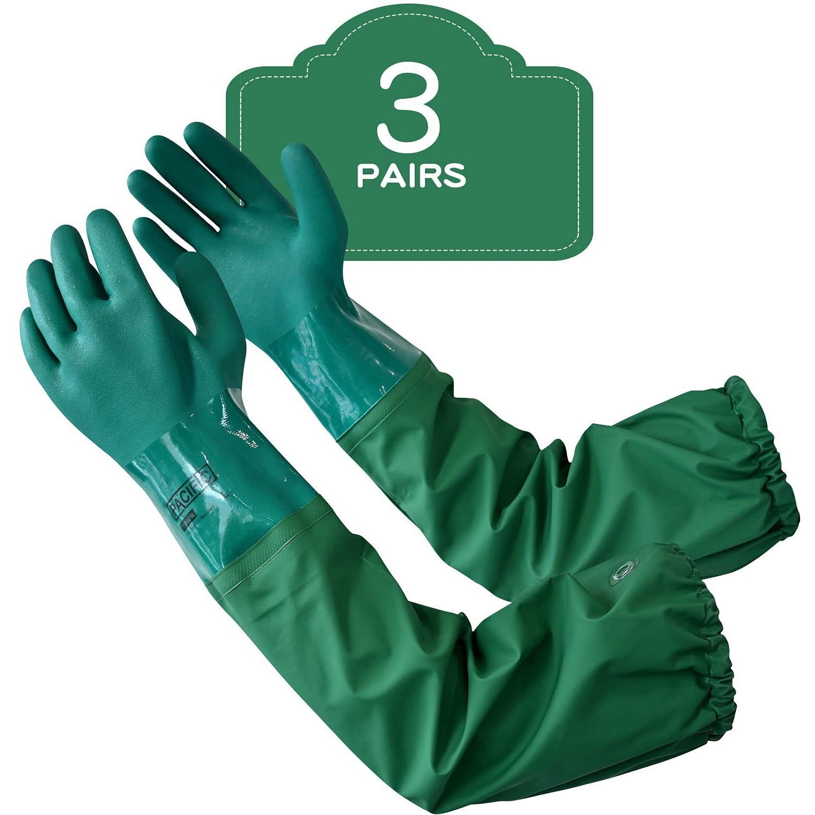 Pacific Ppe 3 Pairs 26&quot&quot Rubber Gloves, Chemical Resistant Gloves, Extra-Long Heavy Duty Waterproof Gloves With Cotton Liner, Anti-Skid, Acid-Alkali And Oil, Large