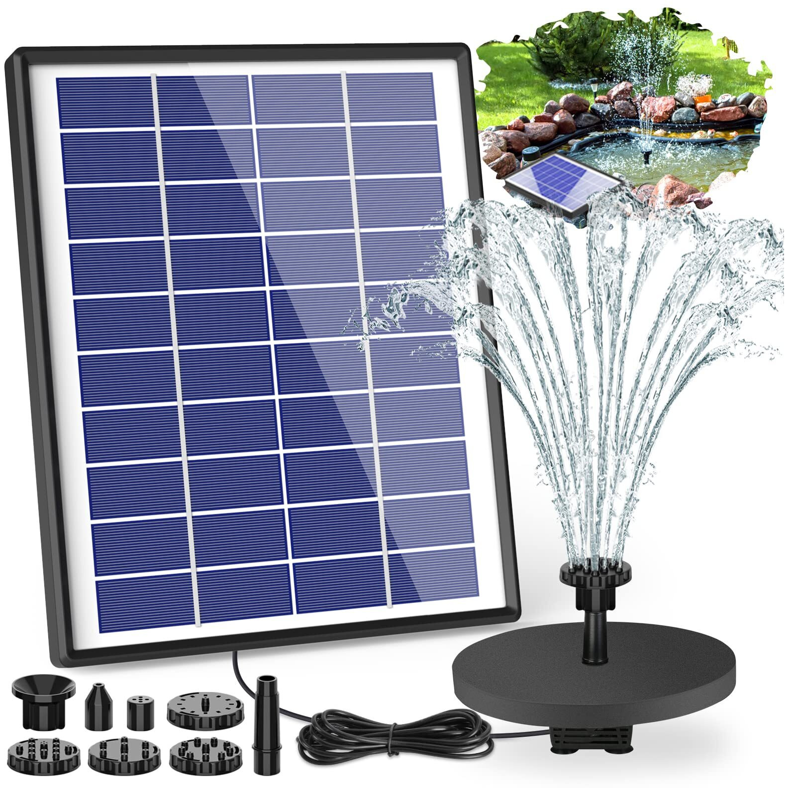 Aisitin 6.5W Solar Fountain Pump Built-In 1500Mah Battery, Solar Bird Bath Fountain With 6 Nozzles, Solar Floating Water Fountain Pump For Bird Bath, Fish Tank, Pond, Garden And Outdoor
