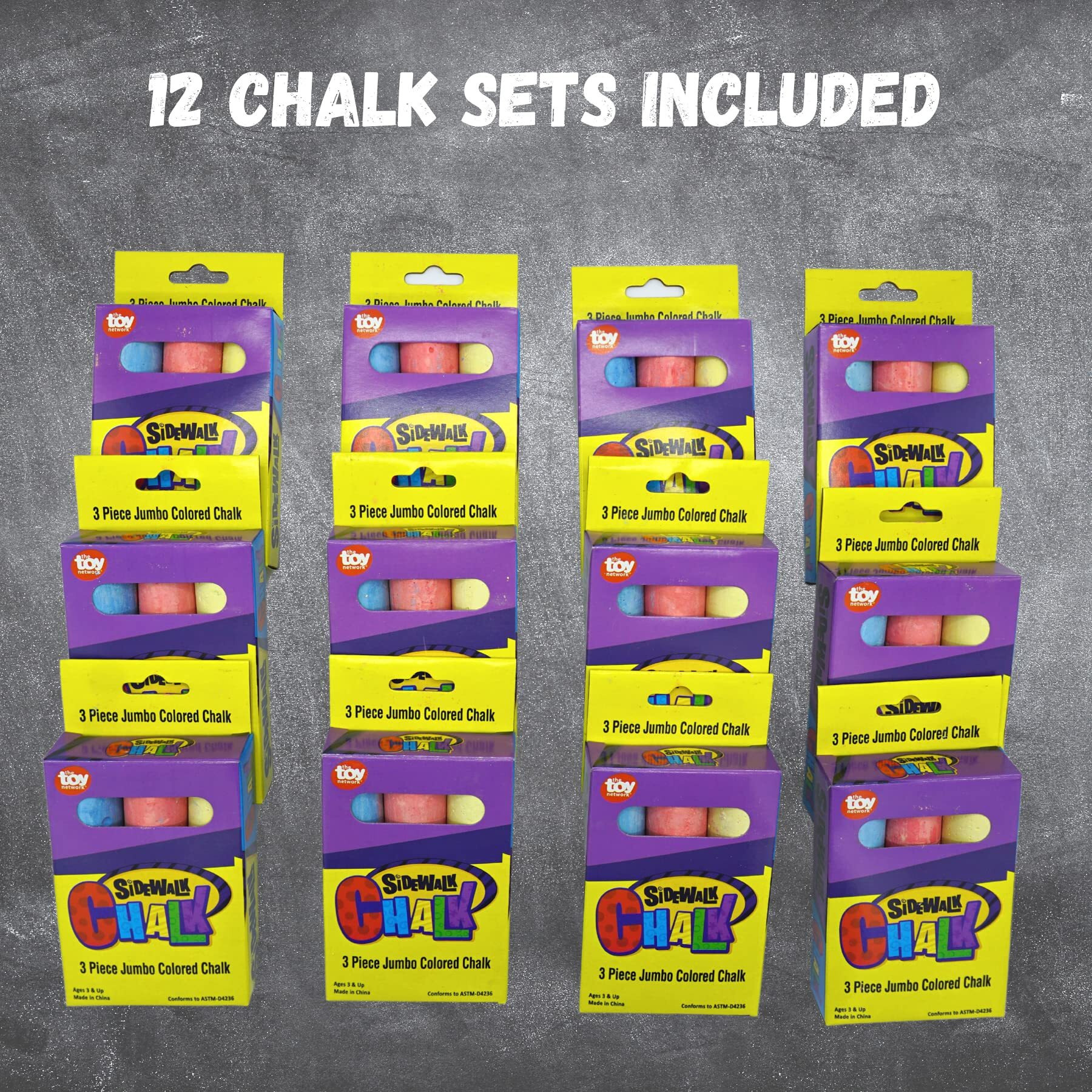 4E's Novelty Sidewalk Chalk Party Favors For Kids. 12 Boxes With 3 Jumbo Chalk In Each Box, Bulk Sidewalk Chalk Individual Packs For Kids, Spring Summer Toys, Student Gifts Bulk