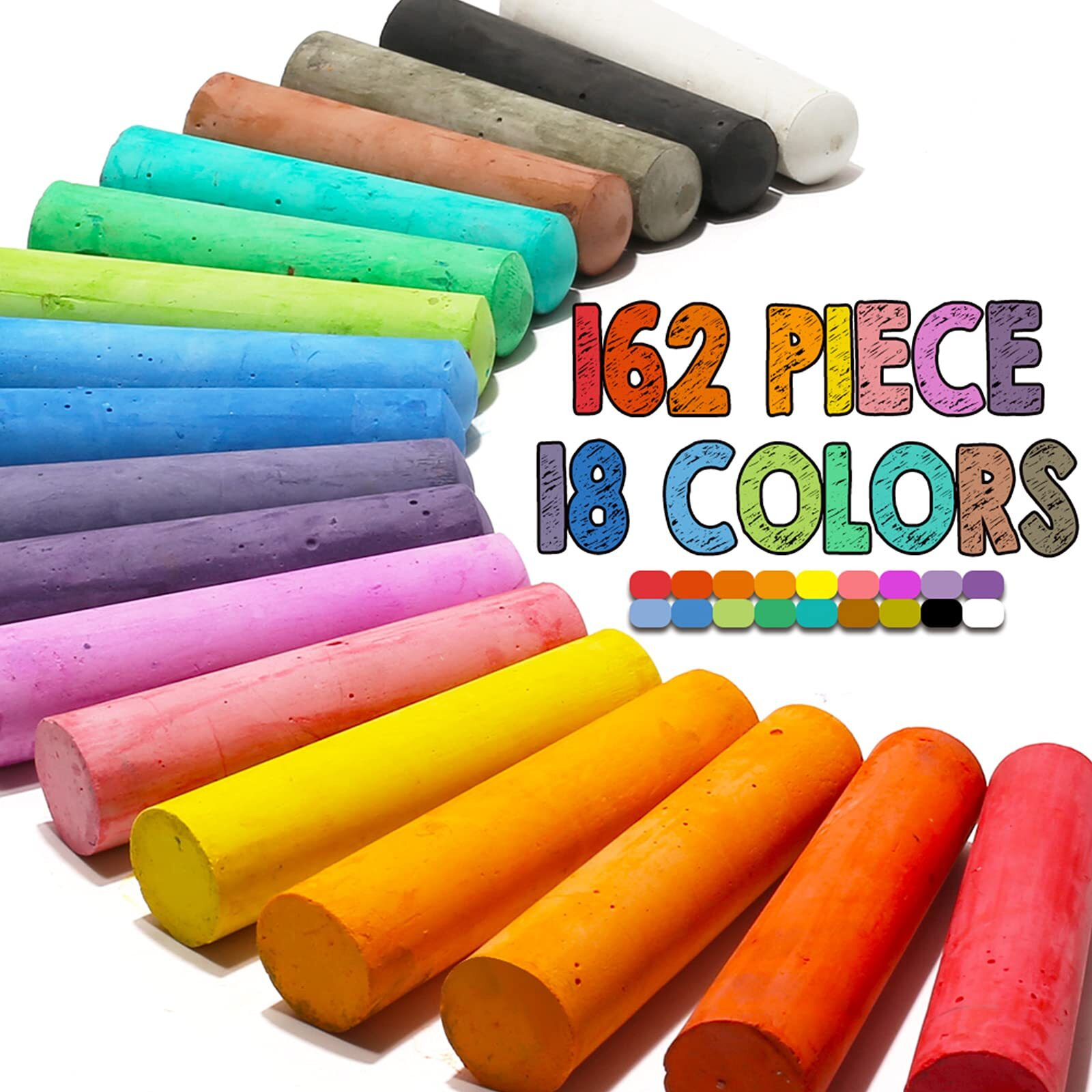 162 Pack 18 Colors Washable Sidewalk Chalk Set, Non-Toxic Jumbo Chalk For Outdoor Art Play, Paint On Playground, School Classroom Chalkboard, Office Blackboard, Outside Toys Gift For Kid And Adult