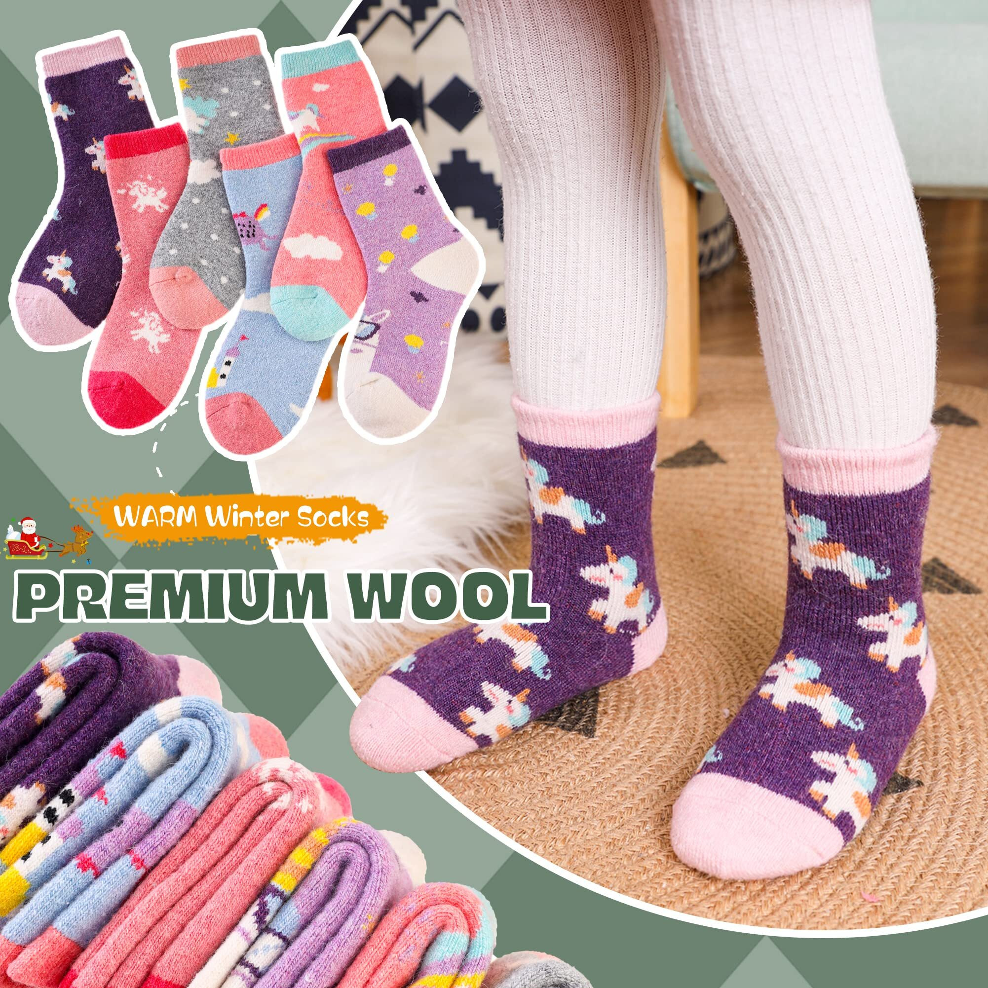 Children's Winter Warm Wool Solid Color Socks Kids Boy Girls Thermal Crew Socks 6 Pairs(Unicorn C, 8-12 Years)