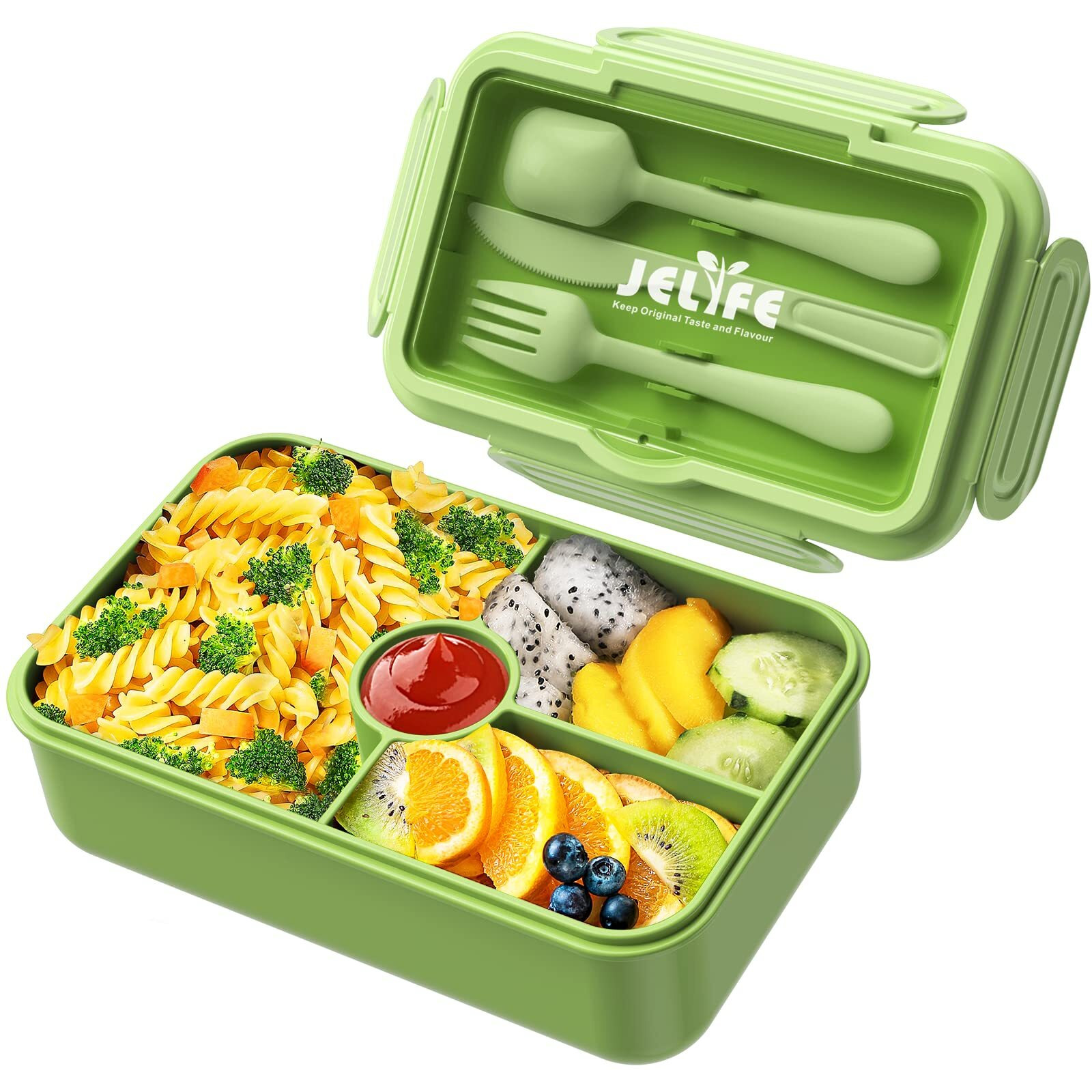 Jelife Bento Box Kids Lunch Box - Large Bento-Style Leakproof With 4 Compartments Food Storage Container With Tableware For Kids Back To School, Reusable On-The-Go Meal And Snack Packing, Green