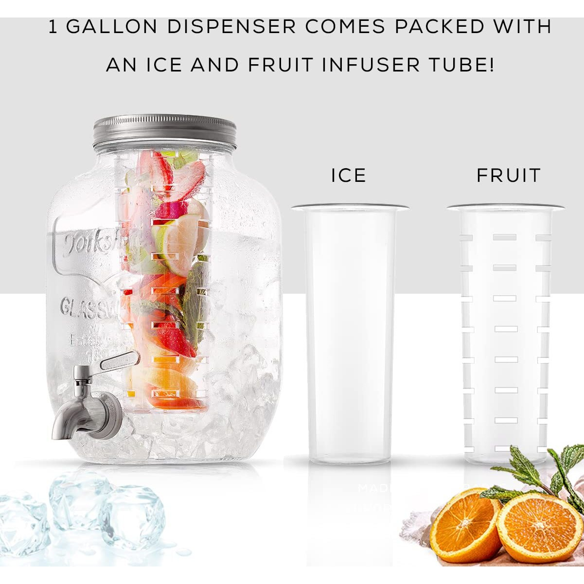 Joyjolt 1-Gallon Drink Dispenser. Glass Beverage Dispenser With Spigot Plus Ice Cylinder And Fruit Infuser Water Dispenser, Lemonade Stand, Punch Bowl, Juice Container - Drink Dispensers For Parties