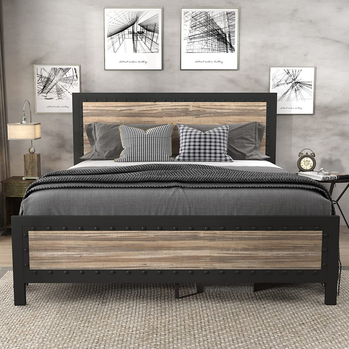 Sha Cerlin Heavy Duty Full Size Bed Frame/Metal Platform Bed With Rivet Wooden Headboard Footboard/ 13 Strong Steel Slats Support/No Box Spring Needed/Mattress Foundation/Easy Assembly