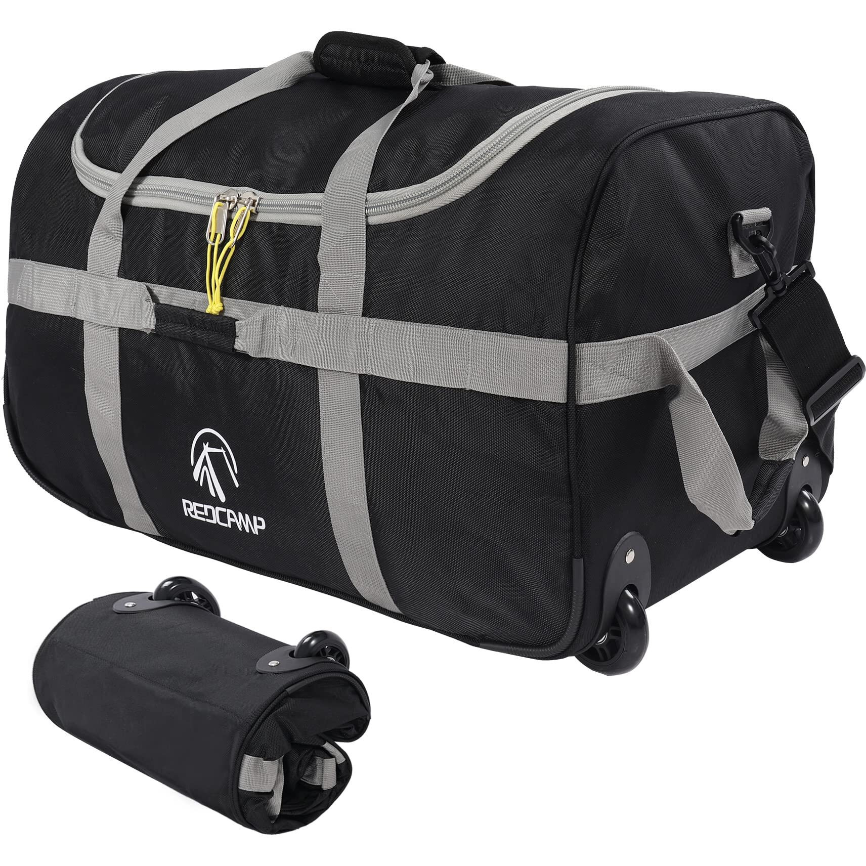 Redcamp 85L Foldable Duffle Bag With Wheels 26"", 1680D Oxford Collapsible Large Duffel Bag With Rollers For Camping Travel Gear, Grey