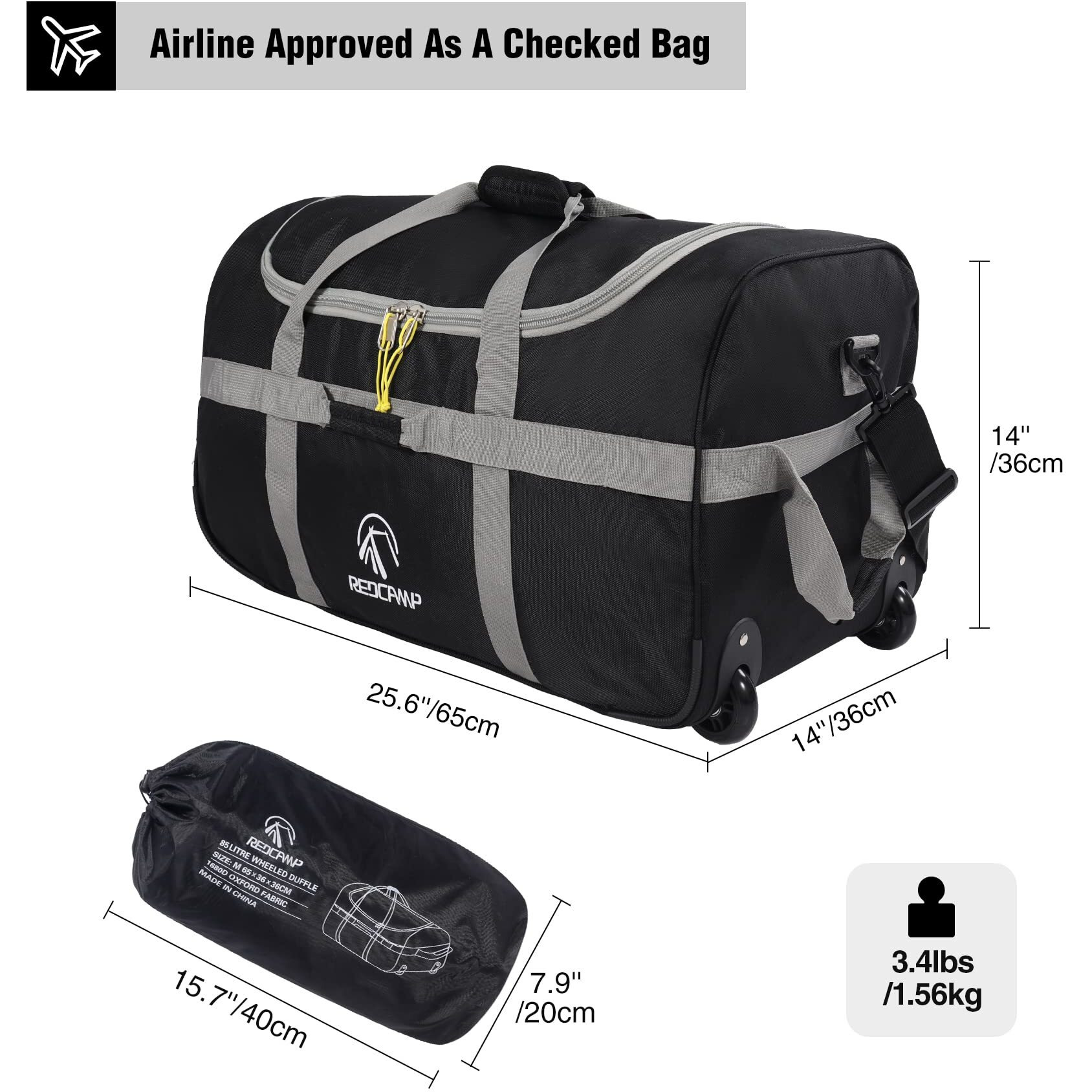 Redcamp 85L Foldable Duffle Bag With Wheels 26"", 1680D Oxford Collapsible Large Duffel Bag With Rollers For Camping Travel Gear, Grey