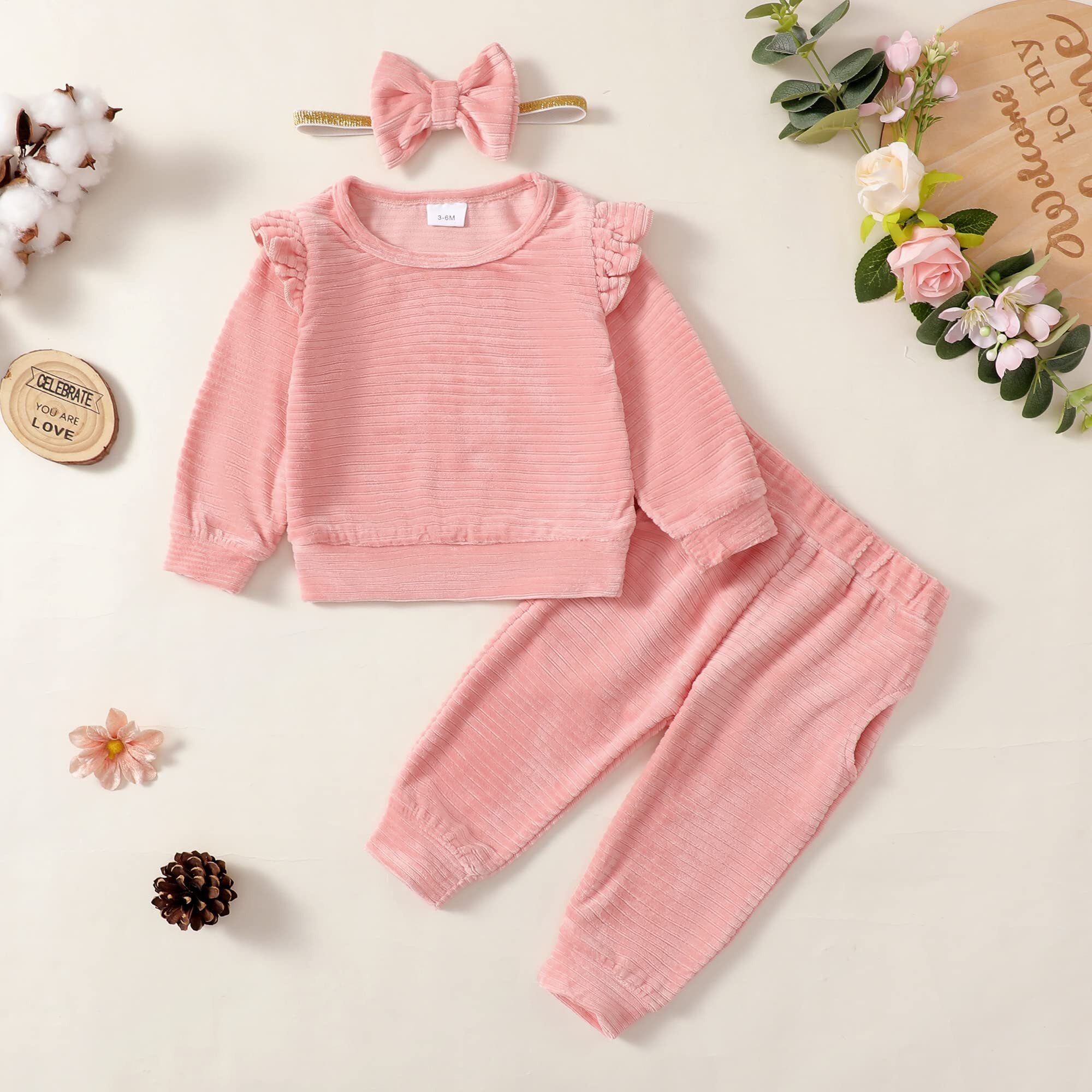 Mioglrie Infant Baby Girl Clothes Top Pants Outfits Set Ruffle Baby Girl Outfits Baby Girls' Clothing Baby Pink 6 To 12 Months Baby Girl Clothes