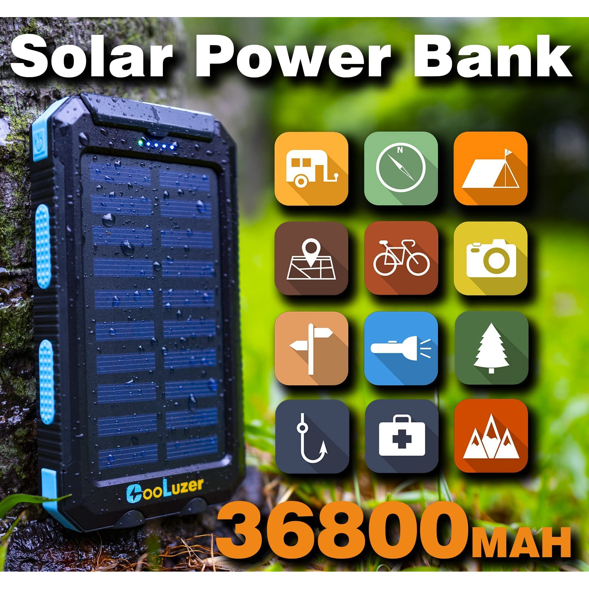 Solar Charger Power Bank 36800Mah With 18W Pd 5V*3.1A Fast Charging, Qc3.0 Portable Charger Solar Power Bank,Ip67 Waterproof Camping Gear Accessory For Outdoor (Blue)