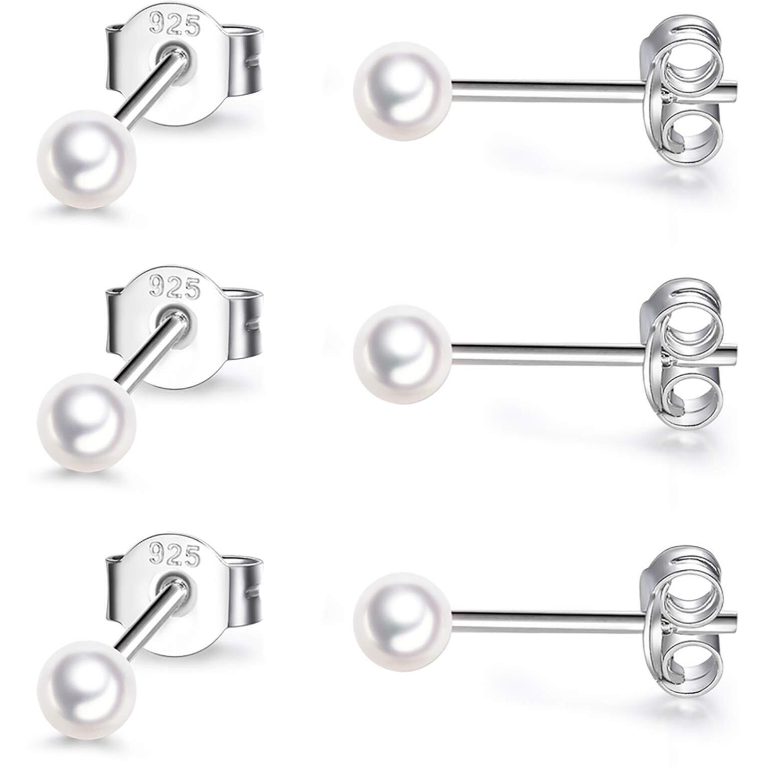 Sterling Silver Stud Earrings For Women Girls Men- 3 Pairs 3Mm Tiny Ball Stud Earrings Round Cz Earrings Pearl Earrings Set Cartilage Small Tragus Earrings