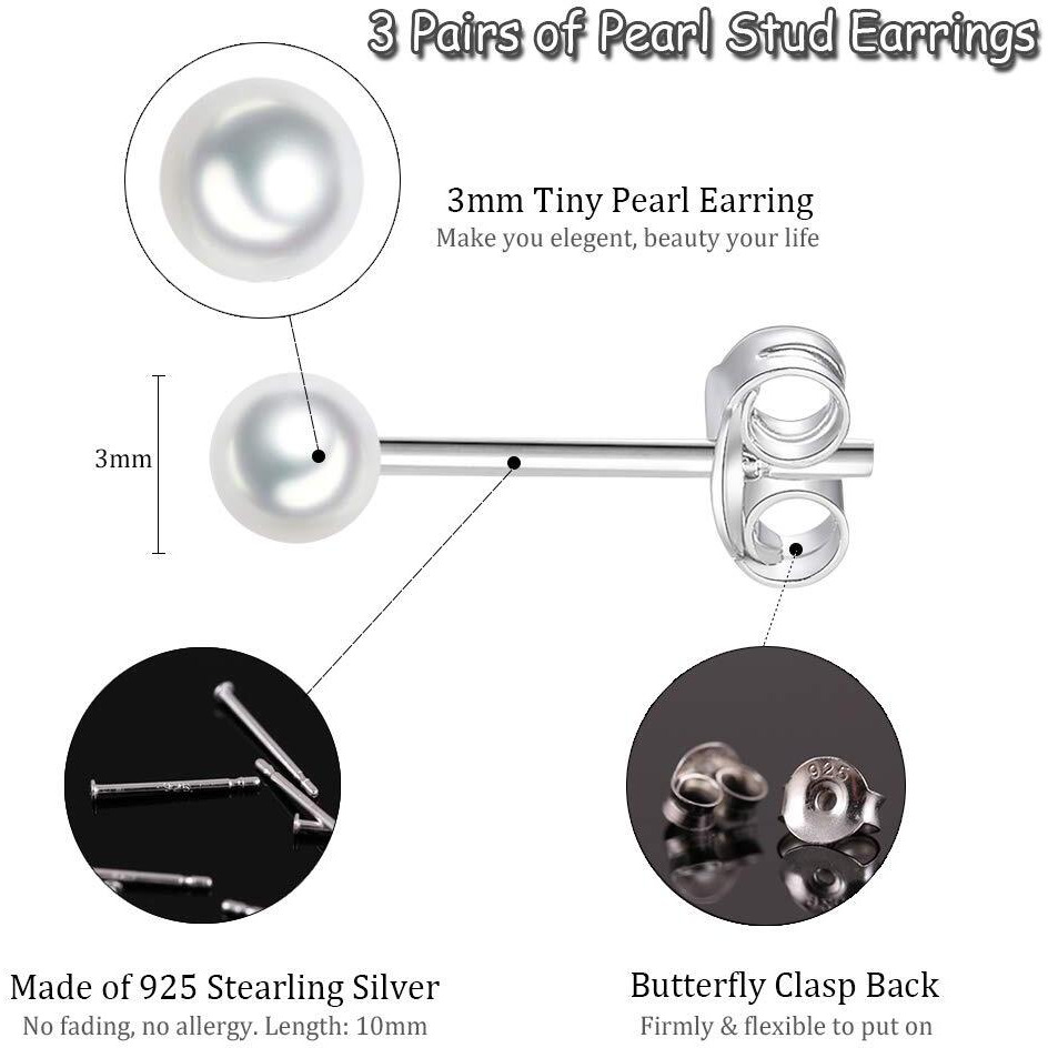 Sterling Silver Stud Earrings For Women Girls Men- 3 Pairs 3Mm Tiny Ball Stud Earrings Round Cz Earrings Pearl Earrings Set Cartilage Small Tragus Earrings