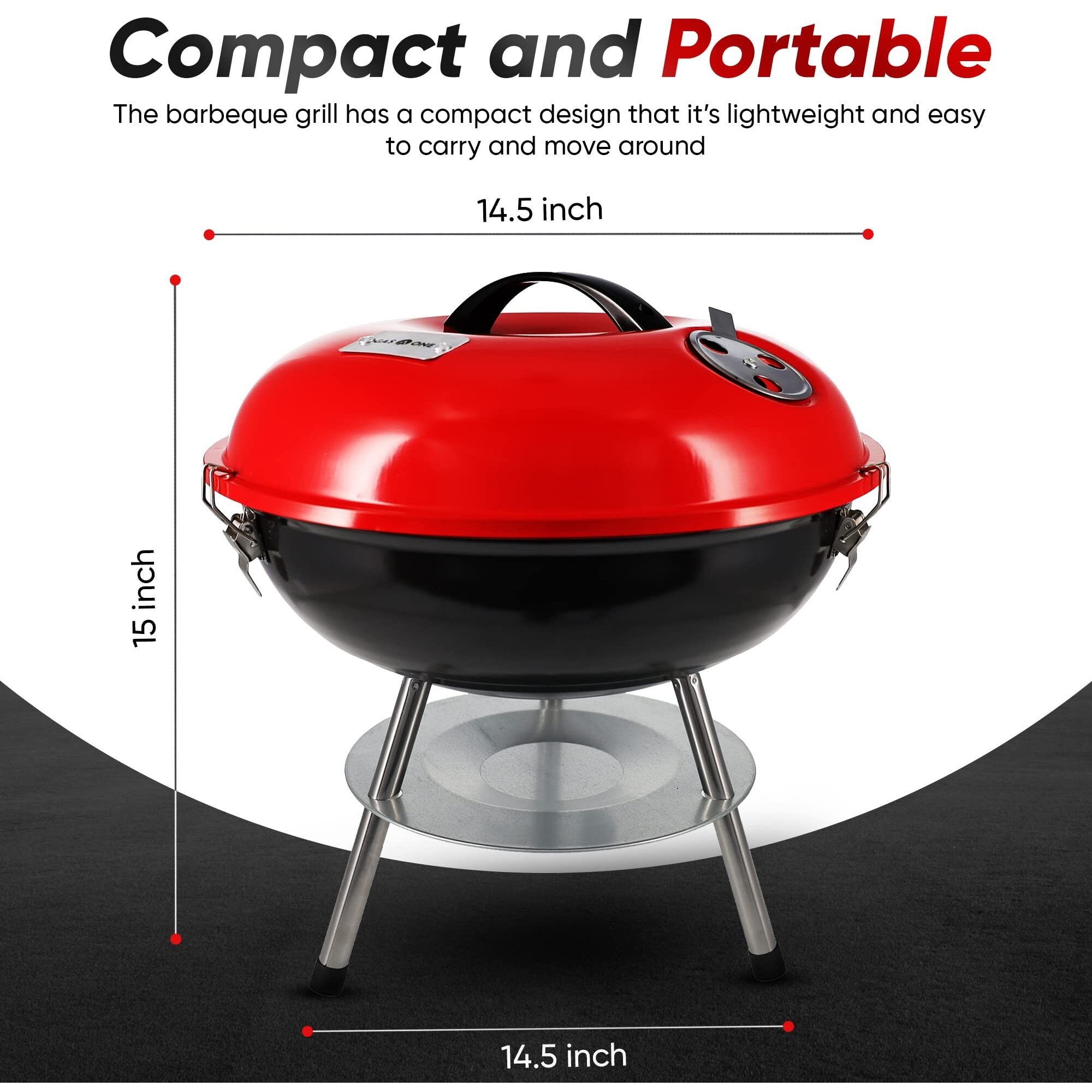 Gas One Charcoal Grill - 14-Inch Portable - Barbecue Grill With 3-Point Locking Lid For Heat Preservation - Dual Venting System - Small Charcoal Grill For Backyard, Camping, Boat