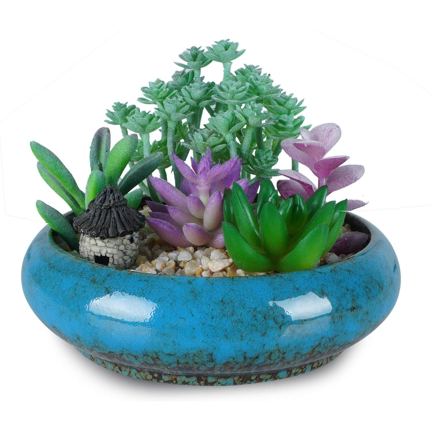 Artketty Succulent Pots, 6.1 Inch Large Succulent Planters Pots With Drainage Ceramic Bonsai Pots With Bamboo Tray Shallow Cactus Flower Planter Pot For Indoor Plants