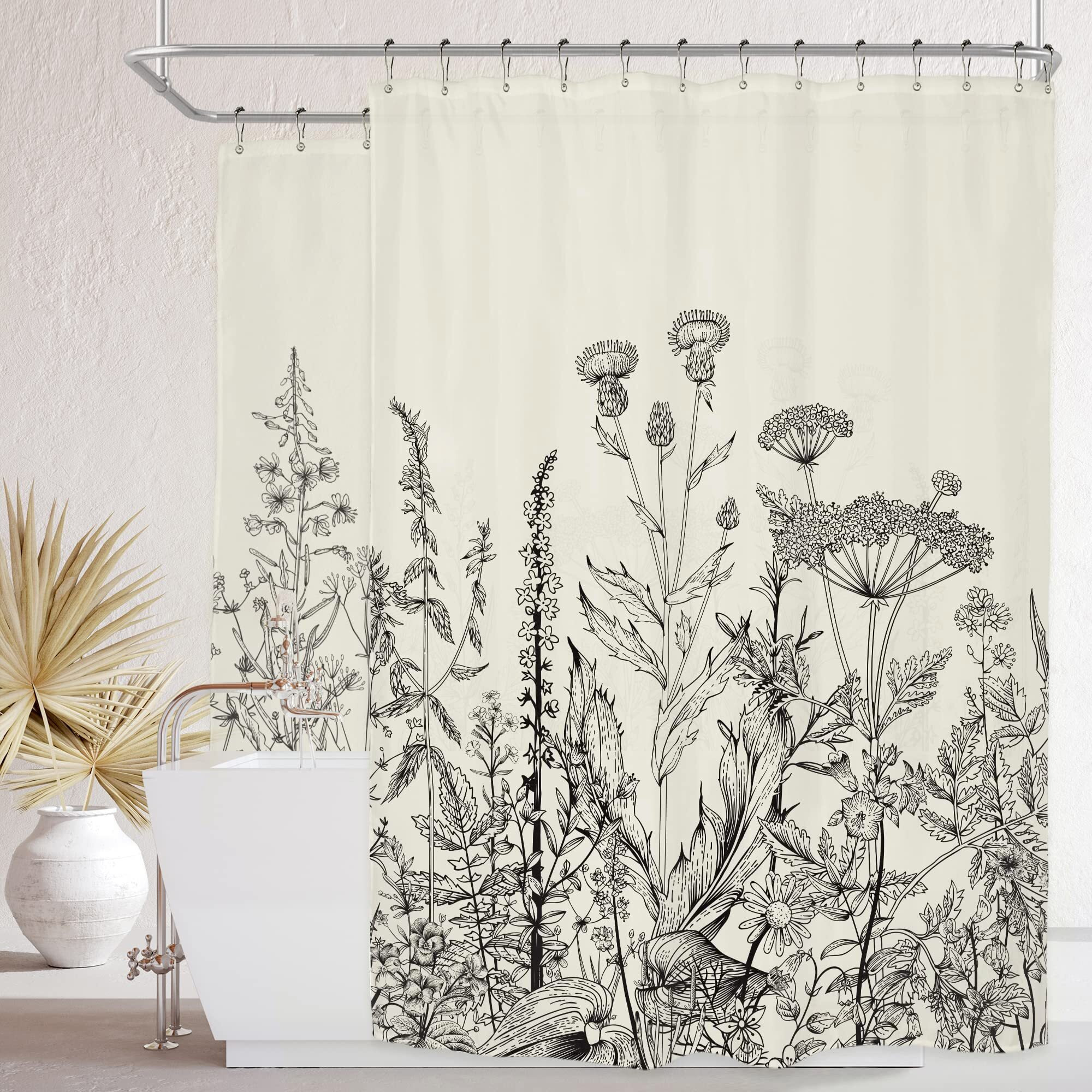 Riyidecor Clawfoot Tub Extra Wide Shower Curtain 180Wx70H Inch Flower Wrap All Around Circular Round Floral Wildflower Botanical Plants Herbs Decor Bathroom Polyester Waterproof Metal Hooks 32 Pack