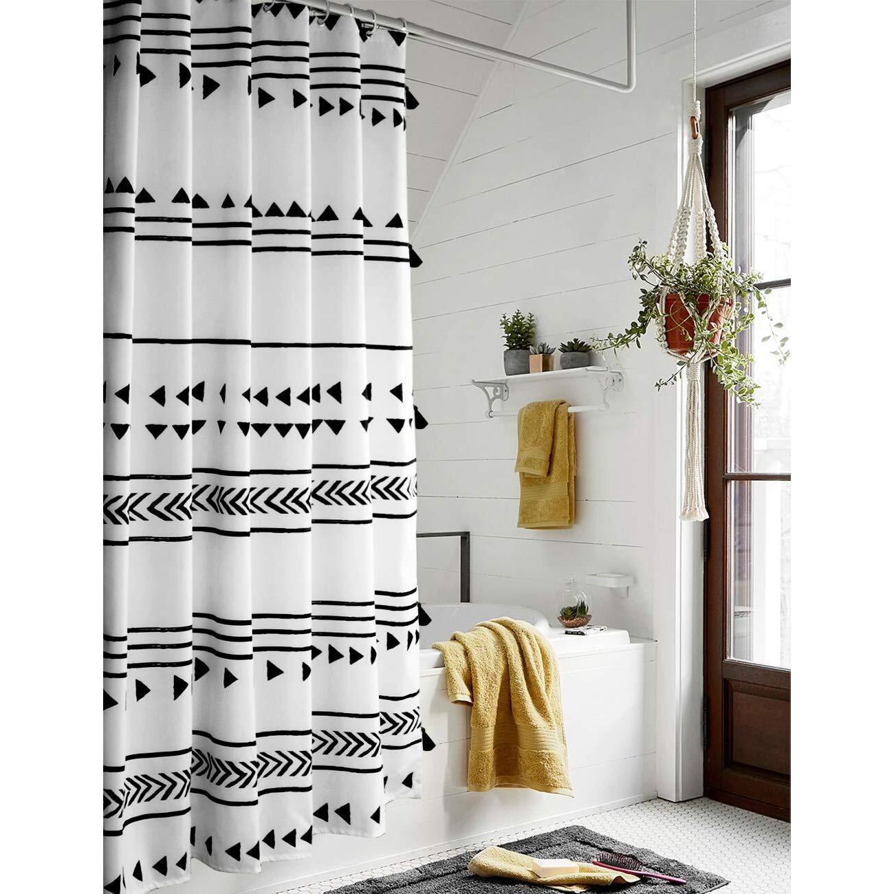 Uphome 72X72 Boho Shower Curtain Black And White Fabric Bathroom Curtains Set With Hooks, Chic Triangle And Geometric Tassel Bath Curtain, Heavy Duty And Waterproof For Modern Hotel Decor