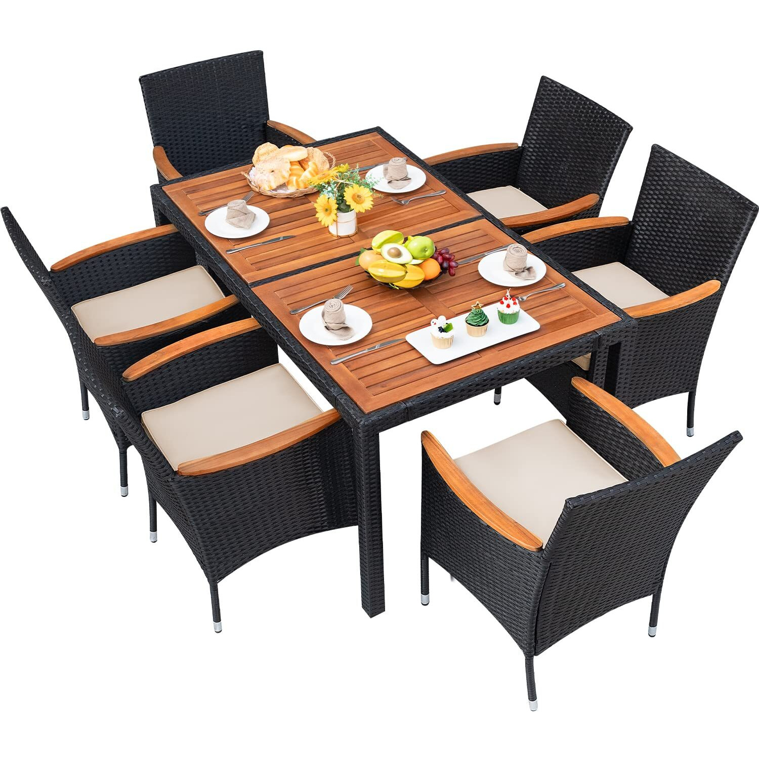 Devoko Outdoor Patio Dining Sets 7 Pieces Rattan Patio Conversation Set With Acacia Wood Table Top And Widened Armrests, Wicker Outdoor Dining Table And Chairs Set For Backyard, Garden, Deck
