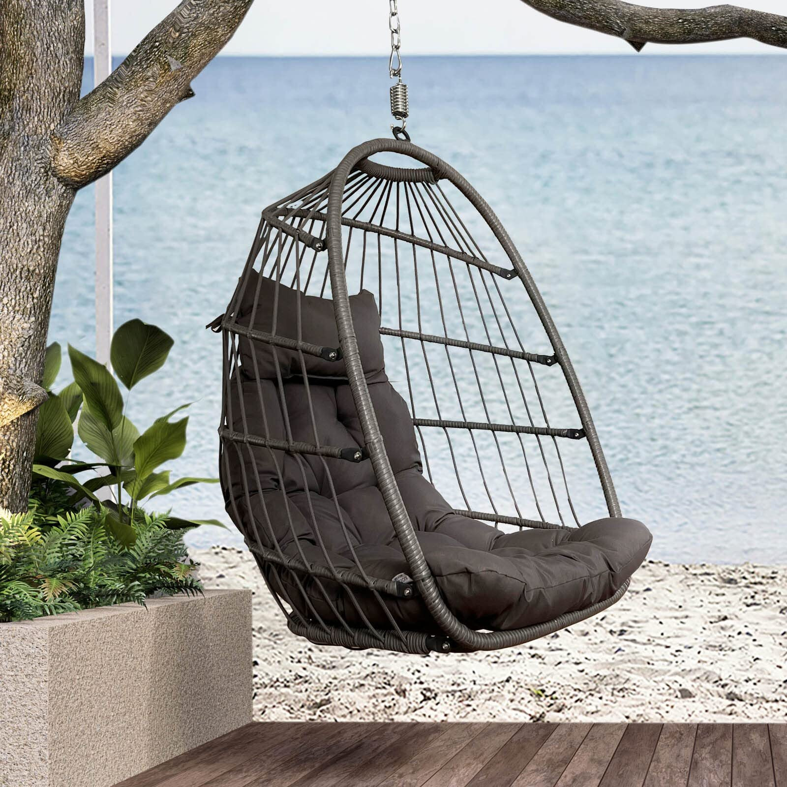 Radiata Foldable Wicker Rattan Hanging Egg Chair Without Stand, Swing Chair With Cushion And Pillow, Lounging Chair, Hammock Chair For Indoor Outdoor Bedroom Patio Garden (Dark Gray Without Stand)