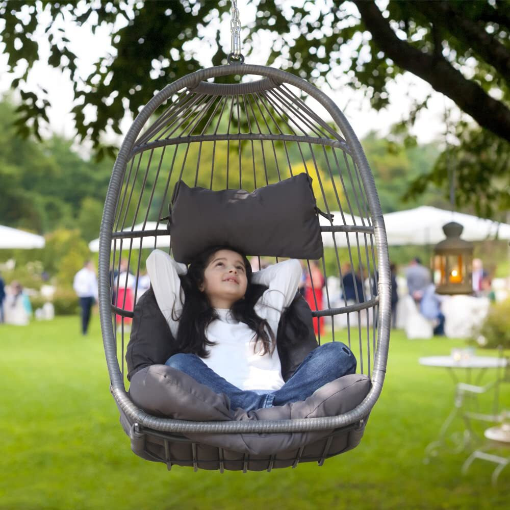 Radiata Foldable Wicker Rattan Hanging Egg Chair Without Stand, Swing Chair With Cushion And Pillow, Lounging Chair, Hammock Chair For Indoor Outdoor Bedroom Patio Garden (Dark Gray Without Stand)