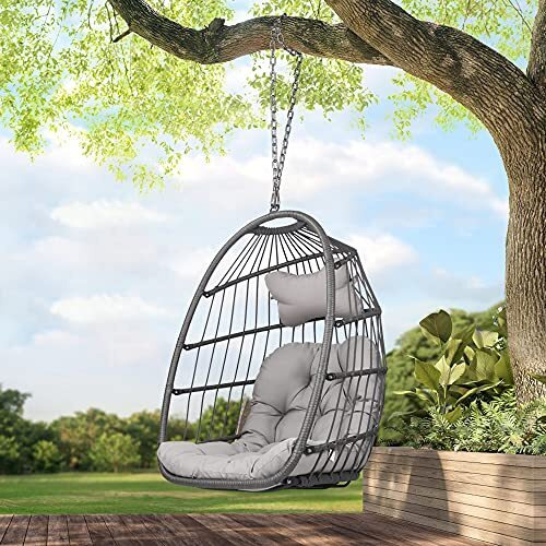 Radiata Foldable Wicker Rattan Hanging Egg Chair Without Stand, Swing Chair With Cushion And Pillow, Lounging Chair, Hammock Chair For Indoor Outdoor Bedroom Patio Garden (Grey Without Stand)