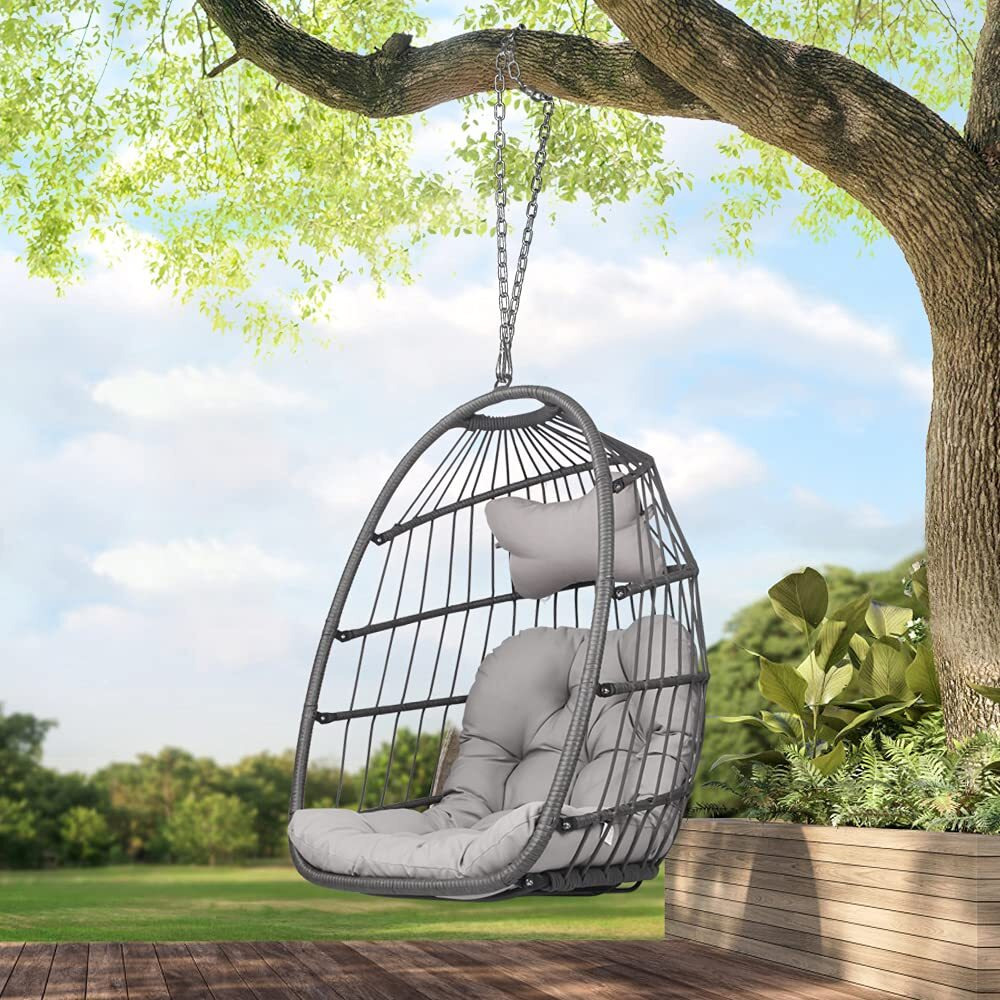 Radiata Foldable Wicker Rattan Hanging Egg Chair Without Stand, Swing Chair With Cushion And Pillow, Lounging Chair, Hammock Chair For Indoor Outdoor Bedroom Patio Garden (Grey Without Stand)