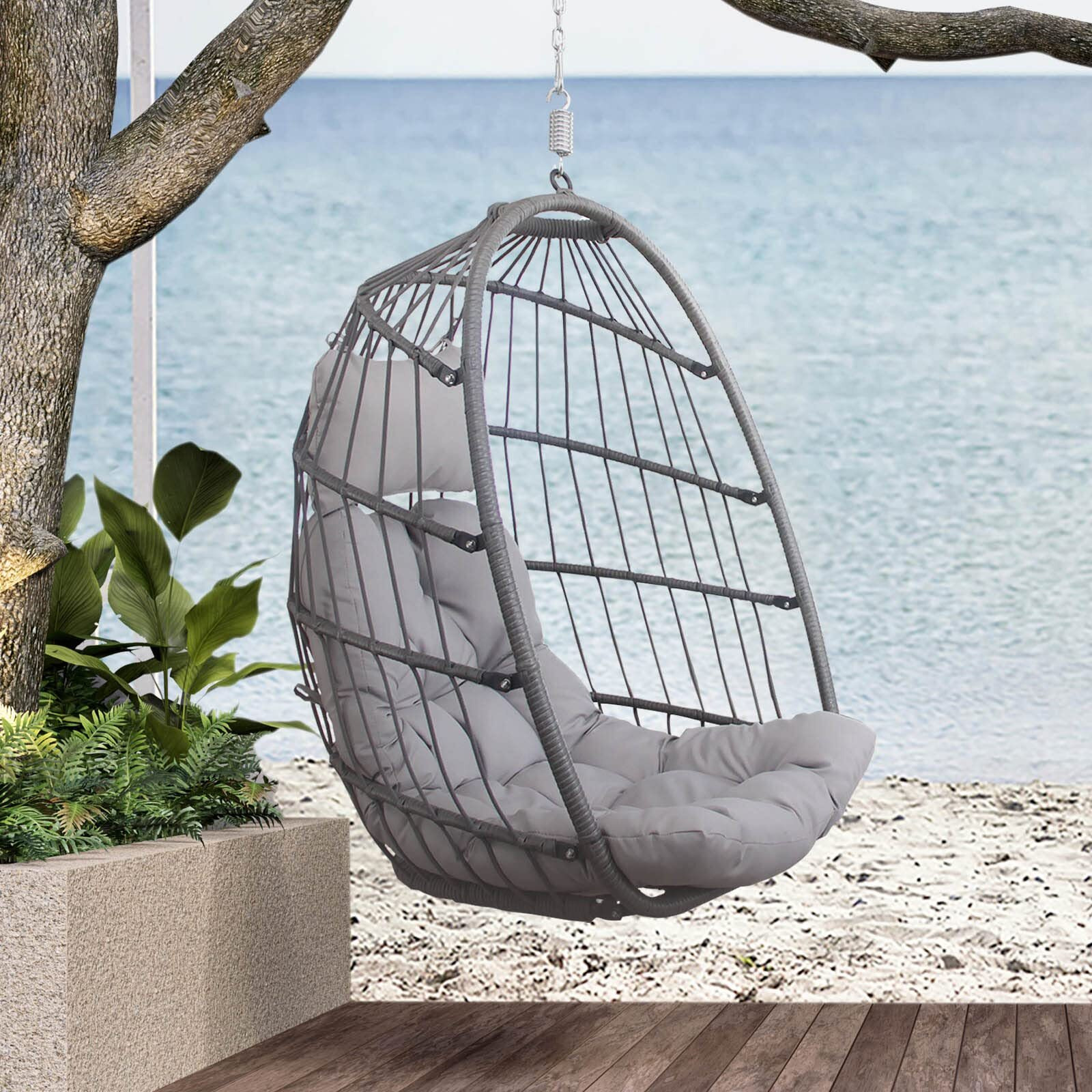 Radiata Foldable Wicker Rattan Hanging Egg Chair Without Stand, Swing Chair With Cushion And Pillow, Lounging Chair, Hammock Chair For Indoor Outdoor Bedroom Patio Garden (Grey Without Stand)