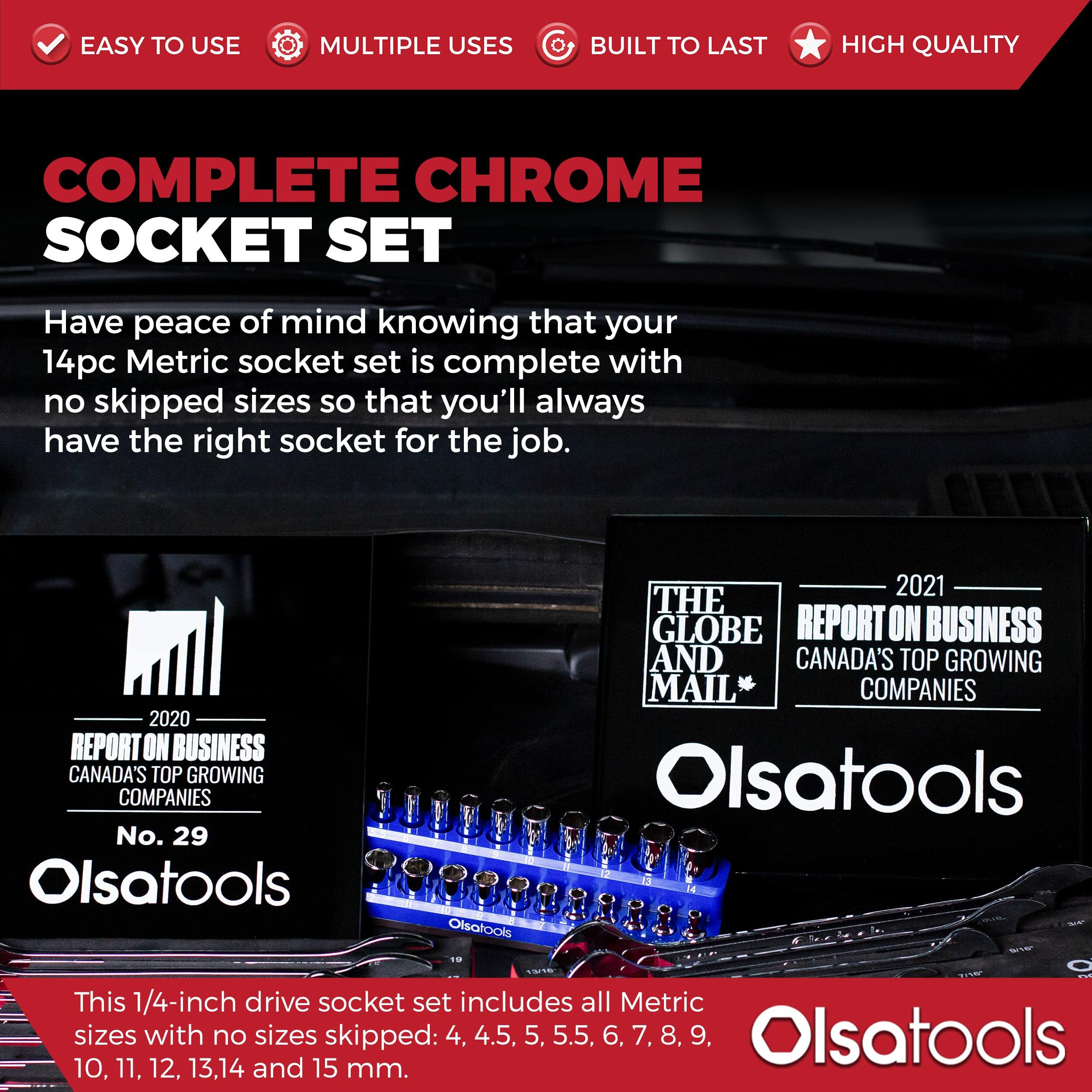 Olsa Tools Metric Socket Set (14Pc) | 1/4-Inch Drive | 6-Point Deep Socket Set | Metric Sizes From 4 Mm To 15 Mm | Mechanic Metric Socket Sets | Long Chrome Sockets | Professional Grade