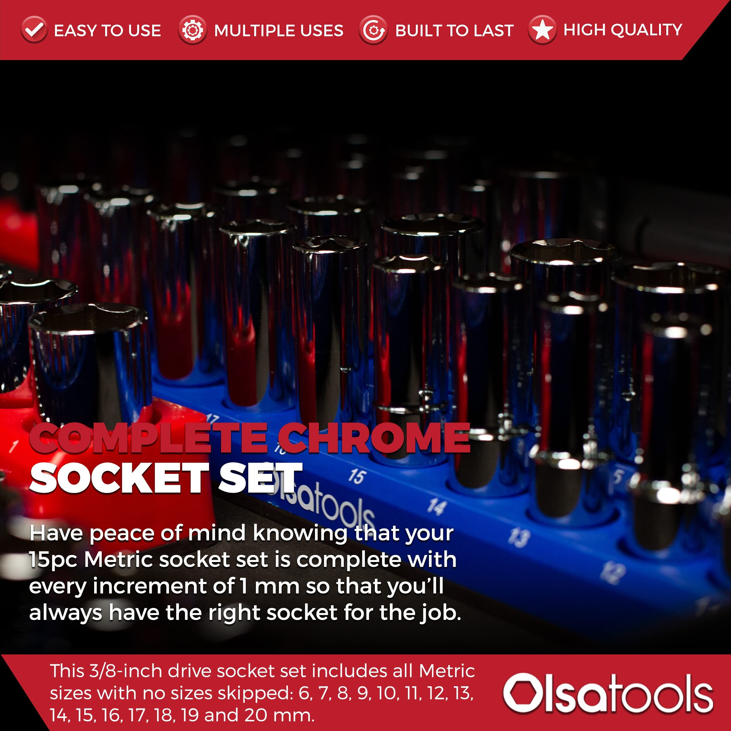 Olsa Tools Metric Socket Set (15Pc) | 3/8-Inch Drive | 6-Point Shallow Socket Set | Metric Sizes From 6 Mm To 20 Mm | Mechanic Metric Socket Sets | Short Chrome Sockets | Professional Grade