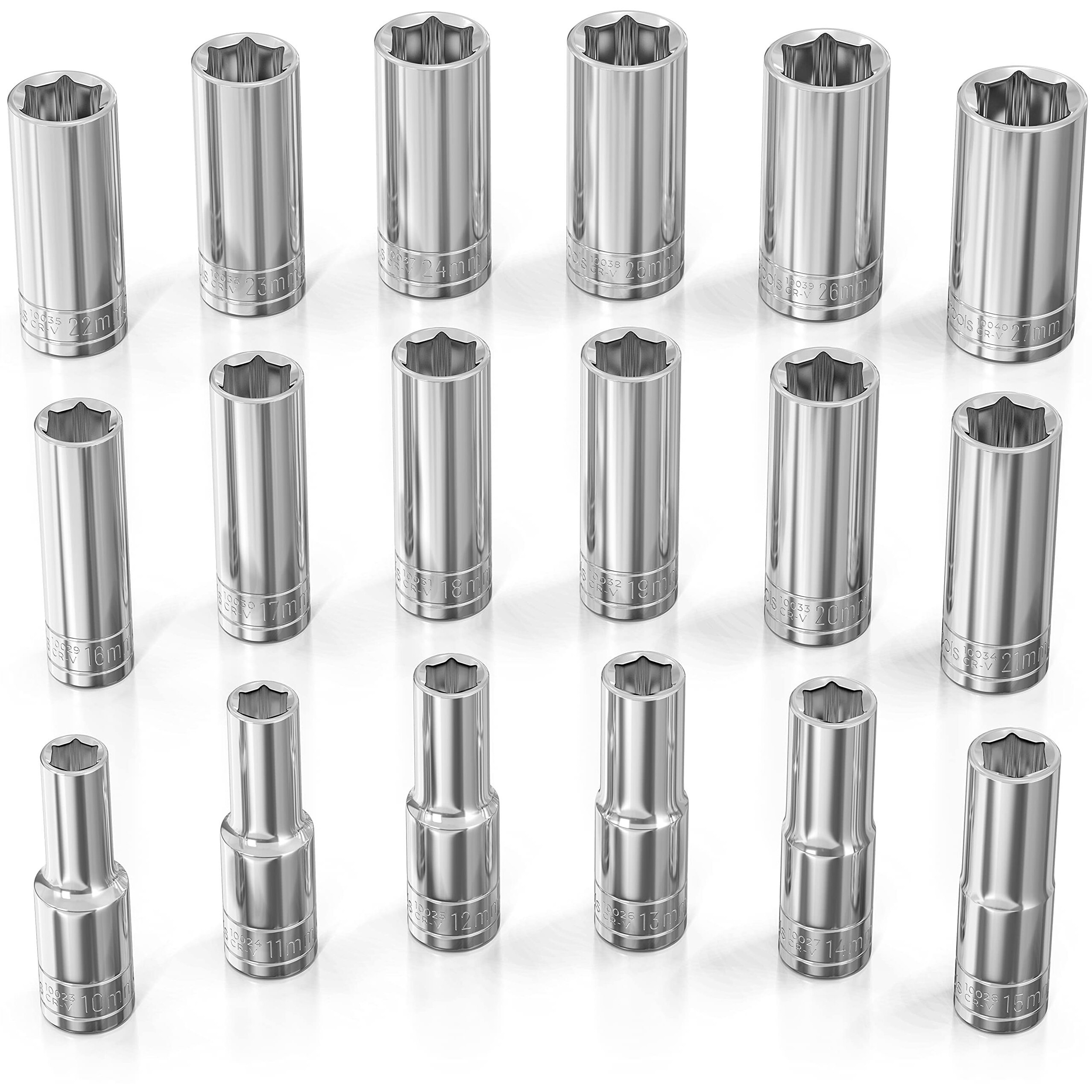 Olsa Tools Metric Socket Set (18Pc) | 1/2-Inch Drive | 6-Point Deep Socket Set | Metric Sizes From 10 Mm To 27 Mm | Mechanic Metric Socket Sets | Long Chrome Sockets | Professional Grade
