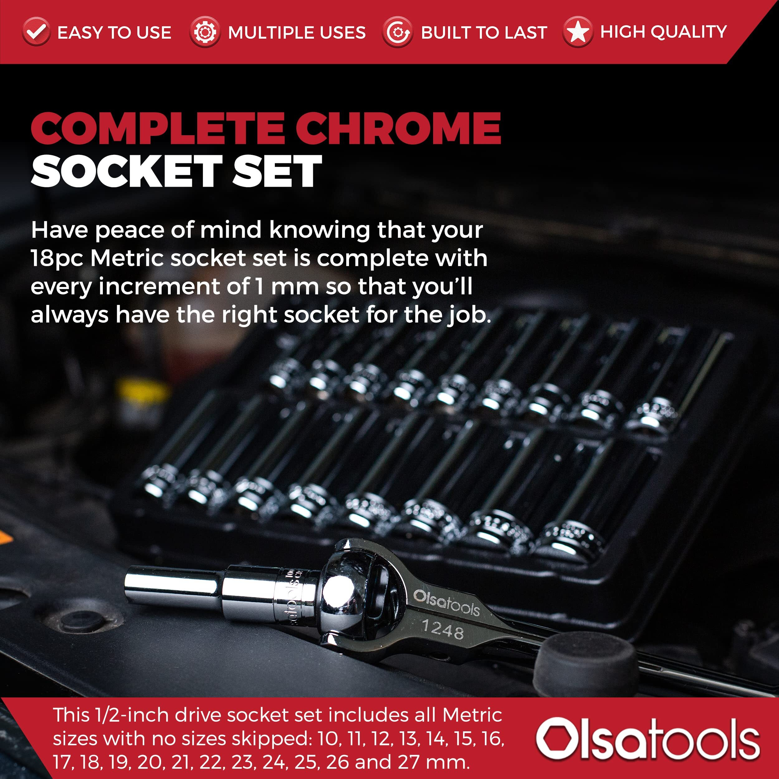 Olsa Tools Metric Socket Set (18Pc) | 1/2-Inch Drive | 6-Point Deep Socket Set | Metric Sizes From 10 Mm To 27 Mm | Mechanic Metric Socket Sets | Long Chrome Sockets | Professional Grade