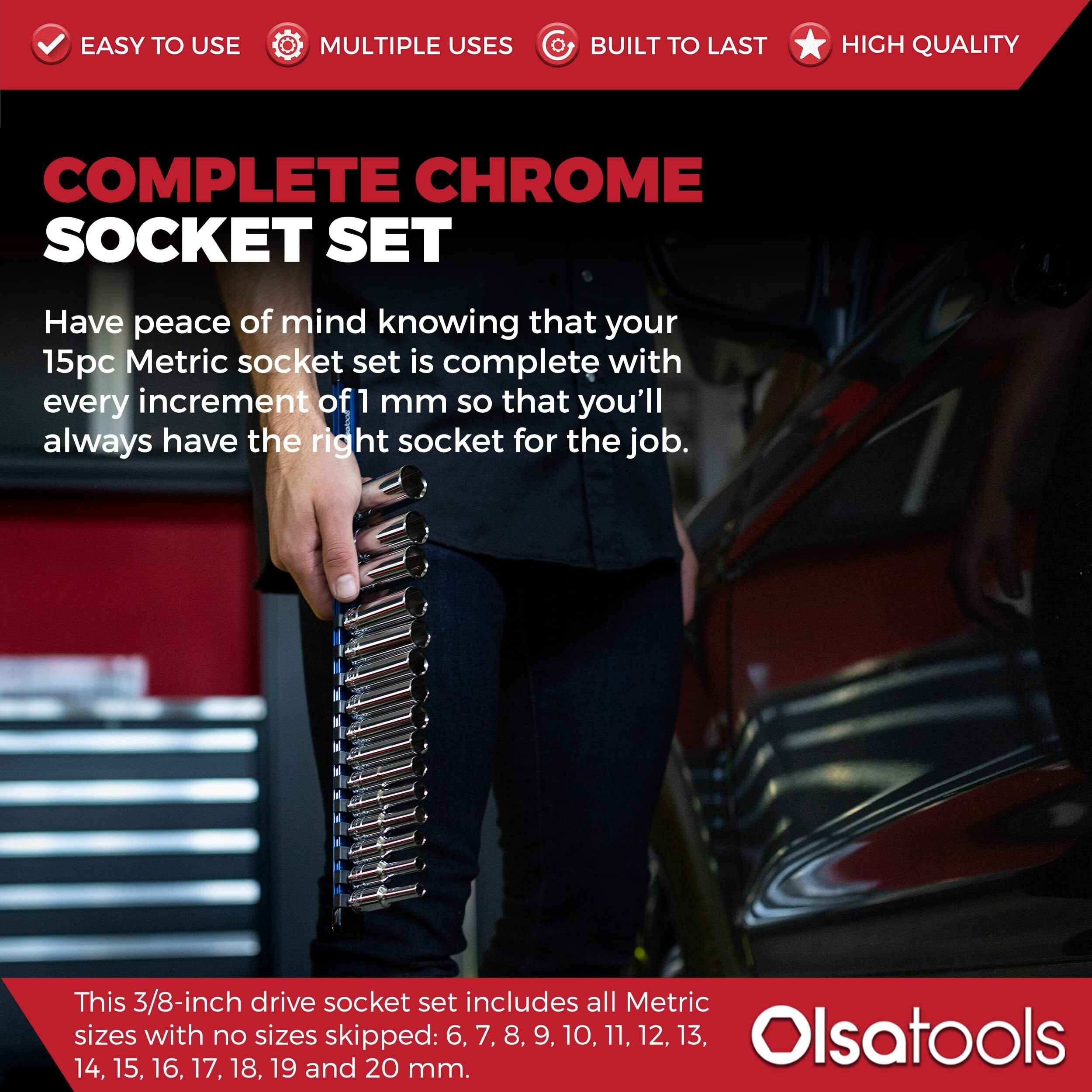 Olsa Tools Metric Socket Set (15Pc) | 3/8-Inch Drive | 6-Point Deep Socket Set | Metric Sizes From 6 Mm To 20 Mm | Mechanic Metric Socket Sets | Long Chrome Sockets | Professional Grade