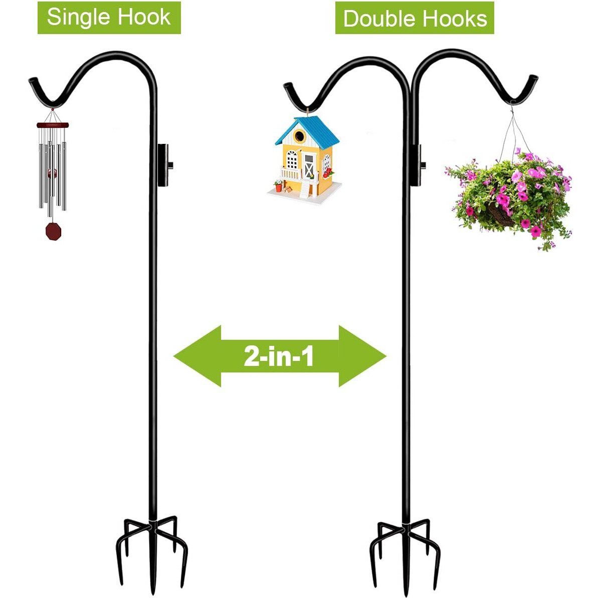Tuohours 92 Inch Double Shepherd Hook Stand For Outdoor Birdfeeder, Adjustable Two Sided Garden Bird Feeder Pole Holder For Birdhouse Planter Solar Light Lantern, Black, 1 Pack