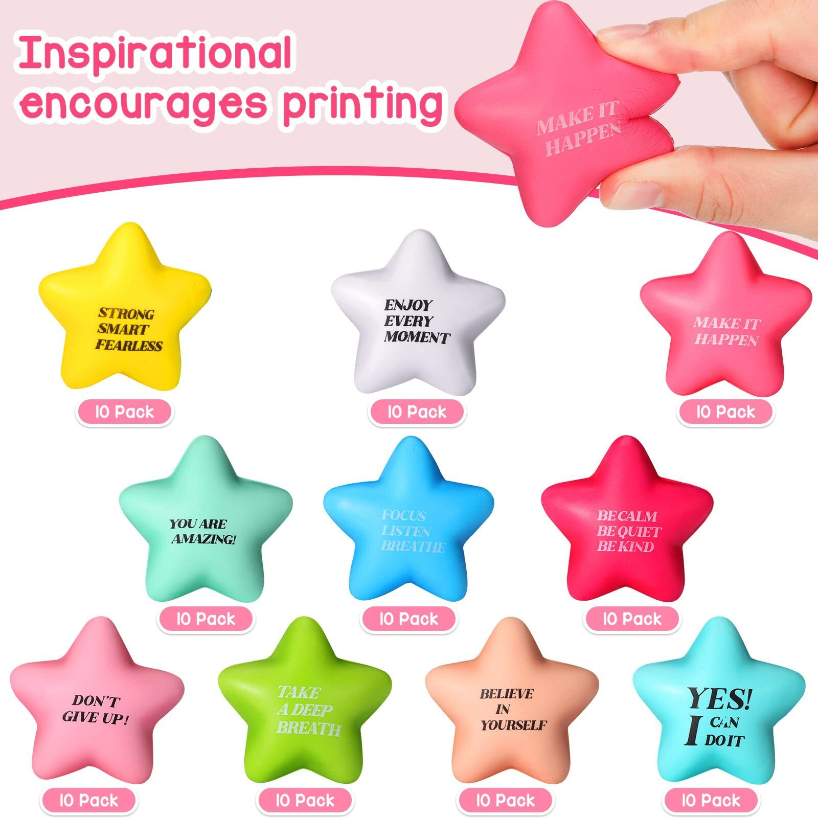 100 Pack Star Stress Ball Stress Relief Balls With Motivational Quotes Mini Motivational Stress Ball Inspirational Foam Balls For Kids Adults Stress Anger Fidget Relief Exercise (Fresh Colors)