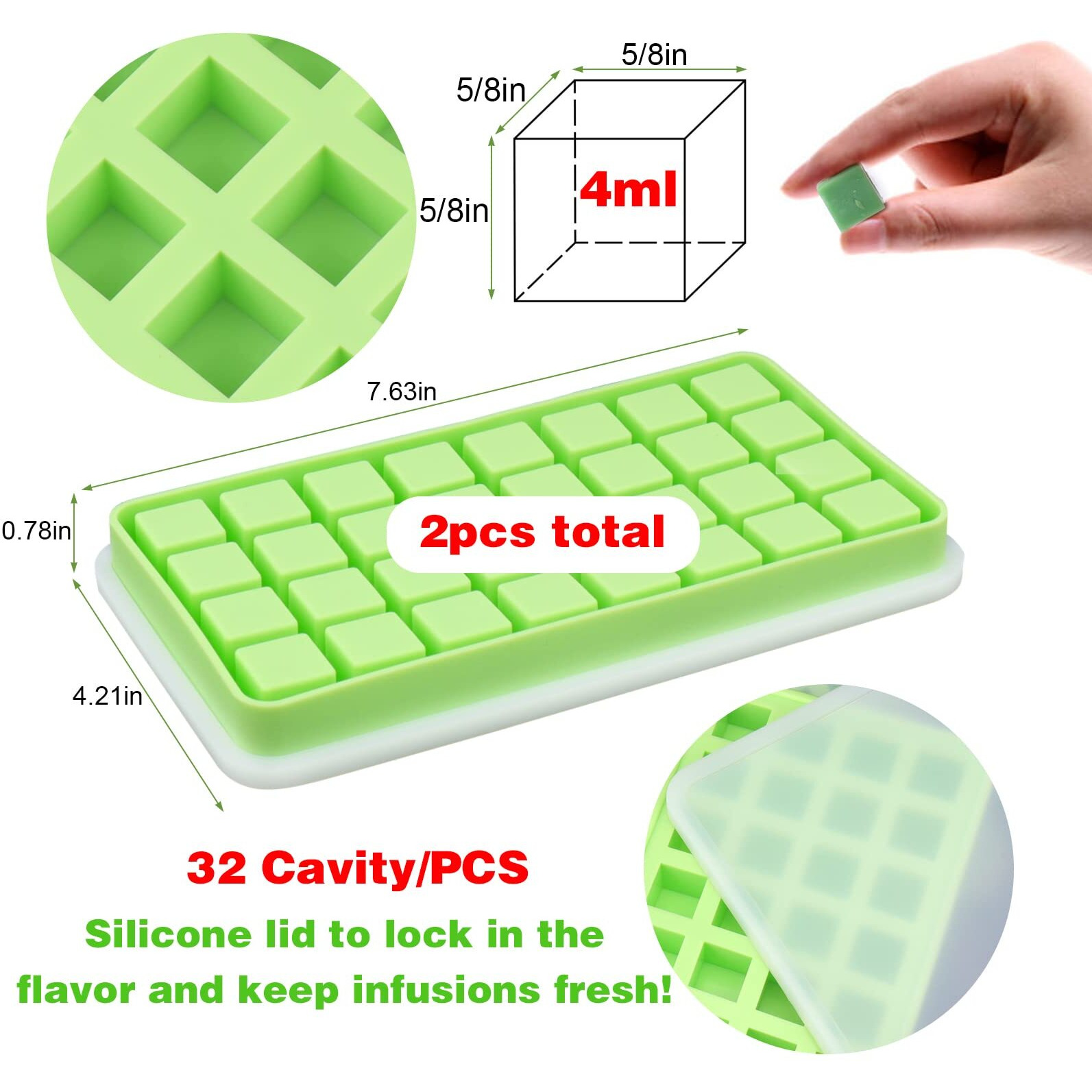 Aiersa 2Pcs Silicone Molds For Herb-Infused Oil Cubes, 32 Cavity Candy Gummy Molds With Lids & 2 Droppers For Diy 5/8X5/8X5/8In Square Gummies, Homemade Herbal Blocks, Jello, Pralines Caramels