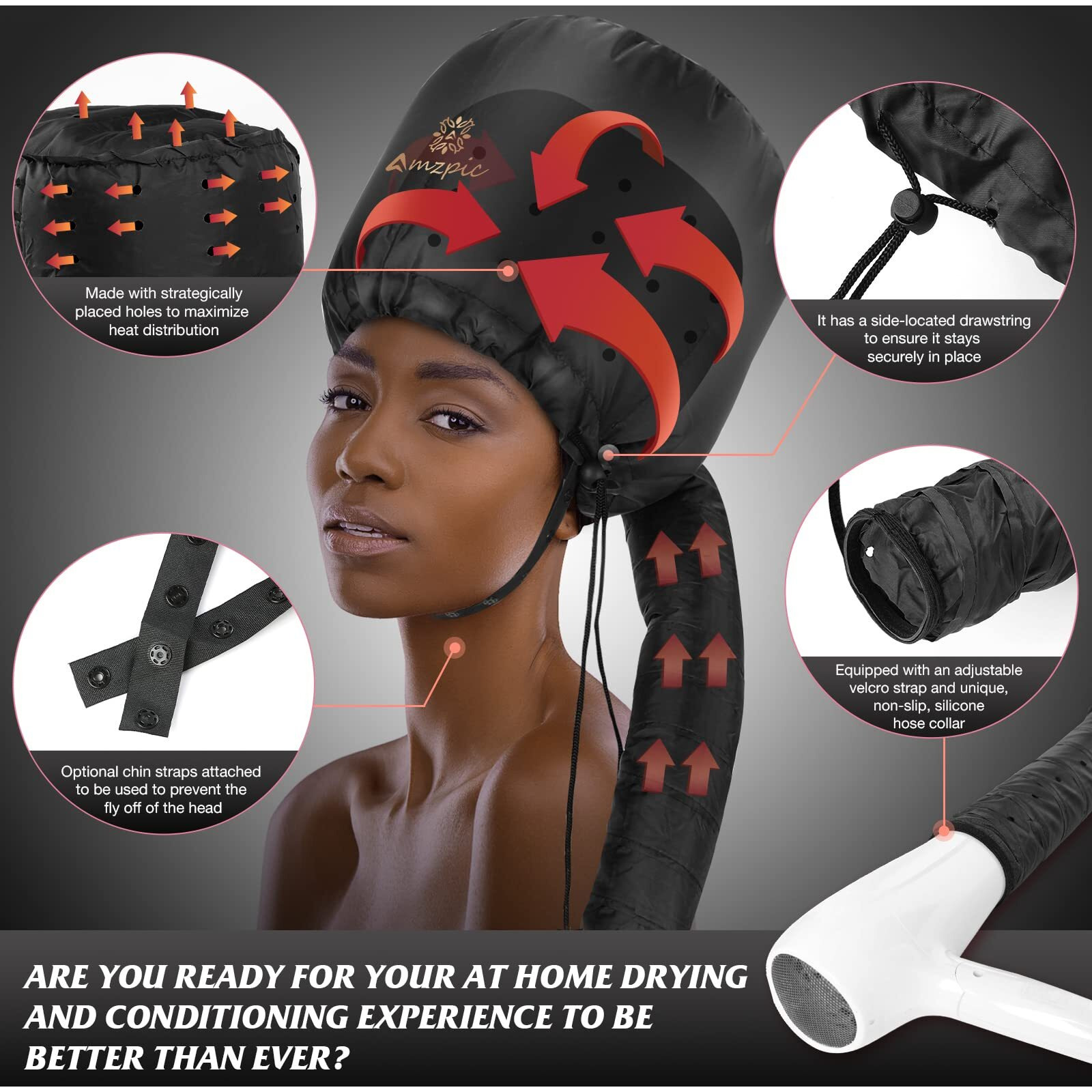 Bonnet Hood Hair Dryer Attachment - Soft, Adjustable Extra Large Bonnet Hair Dryer For Speeds Up Drying Time At Home, Easy To Use For Styling, Curling And Deep Conditioning (Black)
