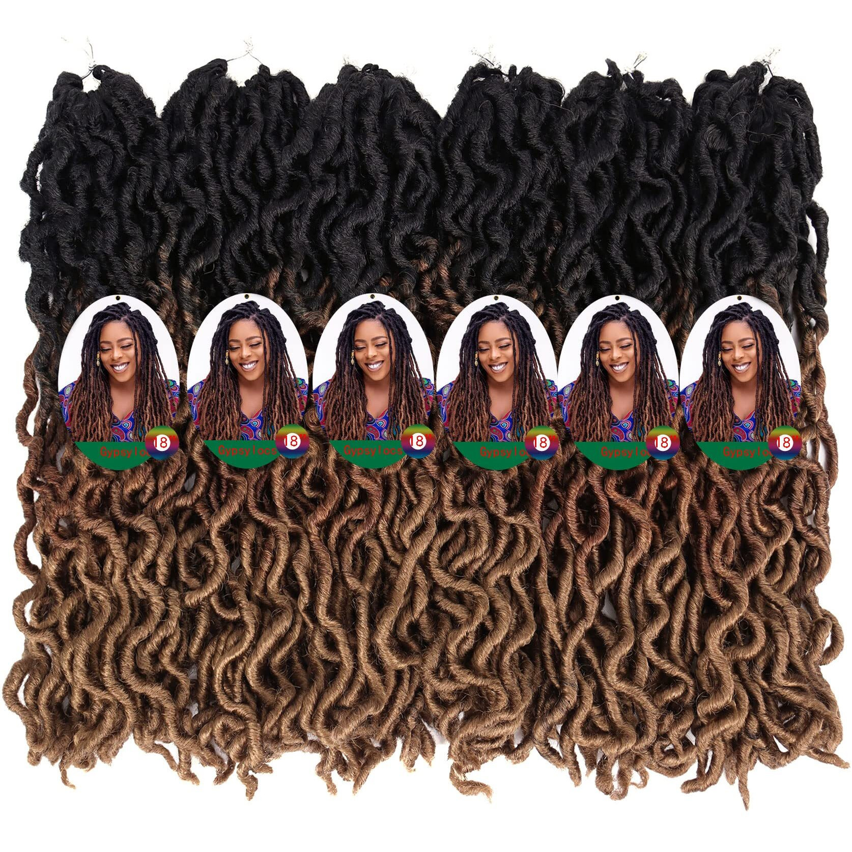 18 Inch Goddess Faux Locs Crochet Hair 6 Packs/Lot Soft Gypsy Locs Wavy Crochet Braids Dreadlocks 3 Tone Curly Wavy Twist Braiding Hair Extensions African Roots Braid(1B/30/27)