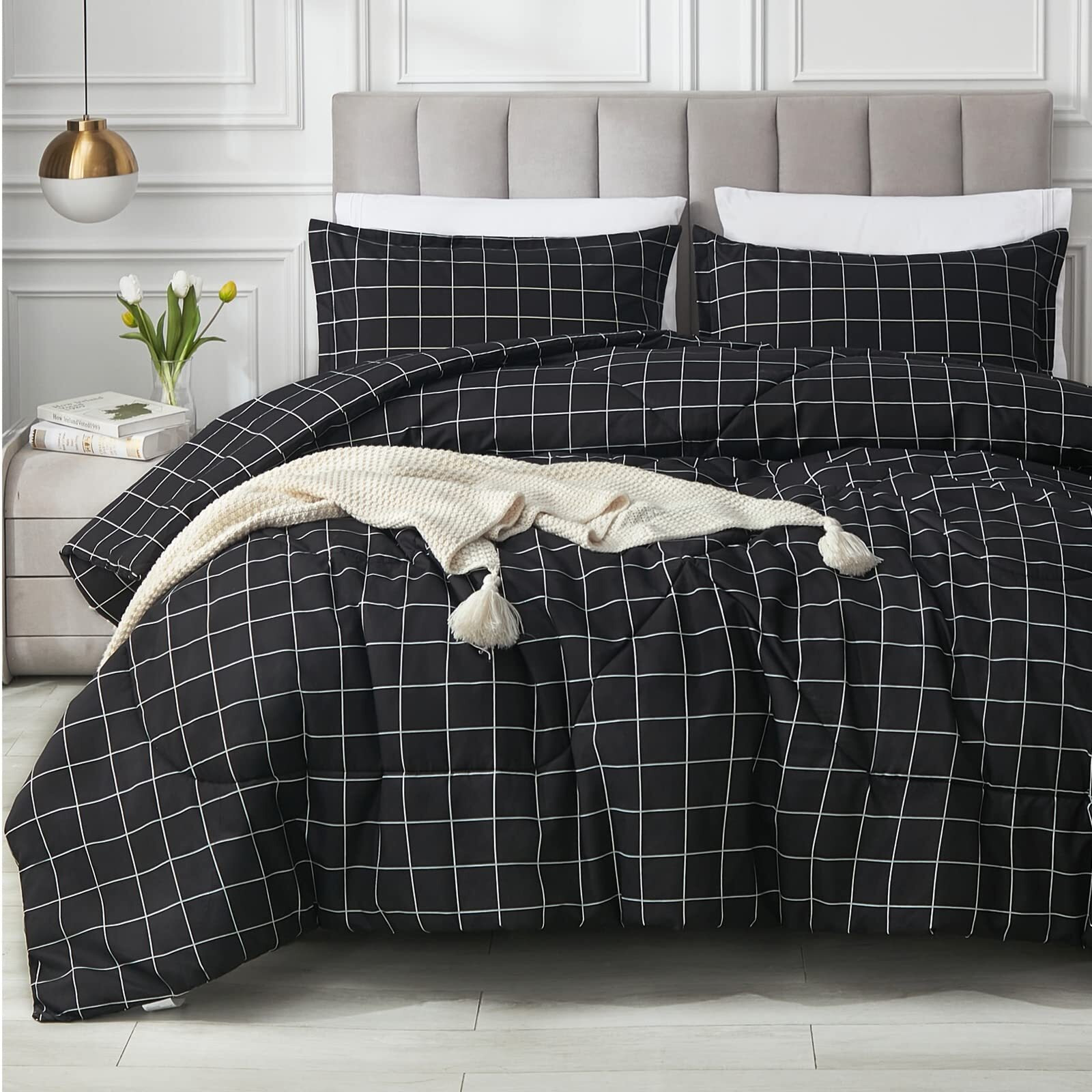 Andency Black Grid Comforter Set Queen Size (90X90 Inch), 3 Pieces(1 Grid Comforter And 2 Pillowcases), Summer Lightweight Microfiber Down Alternative Black Comforter With White Lines