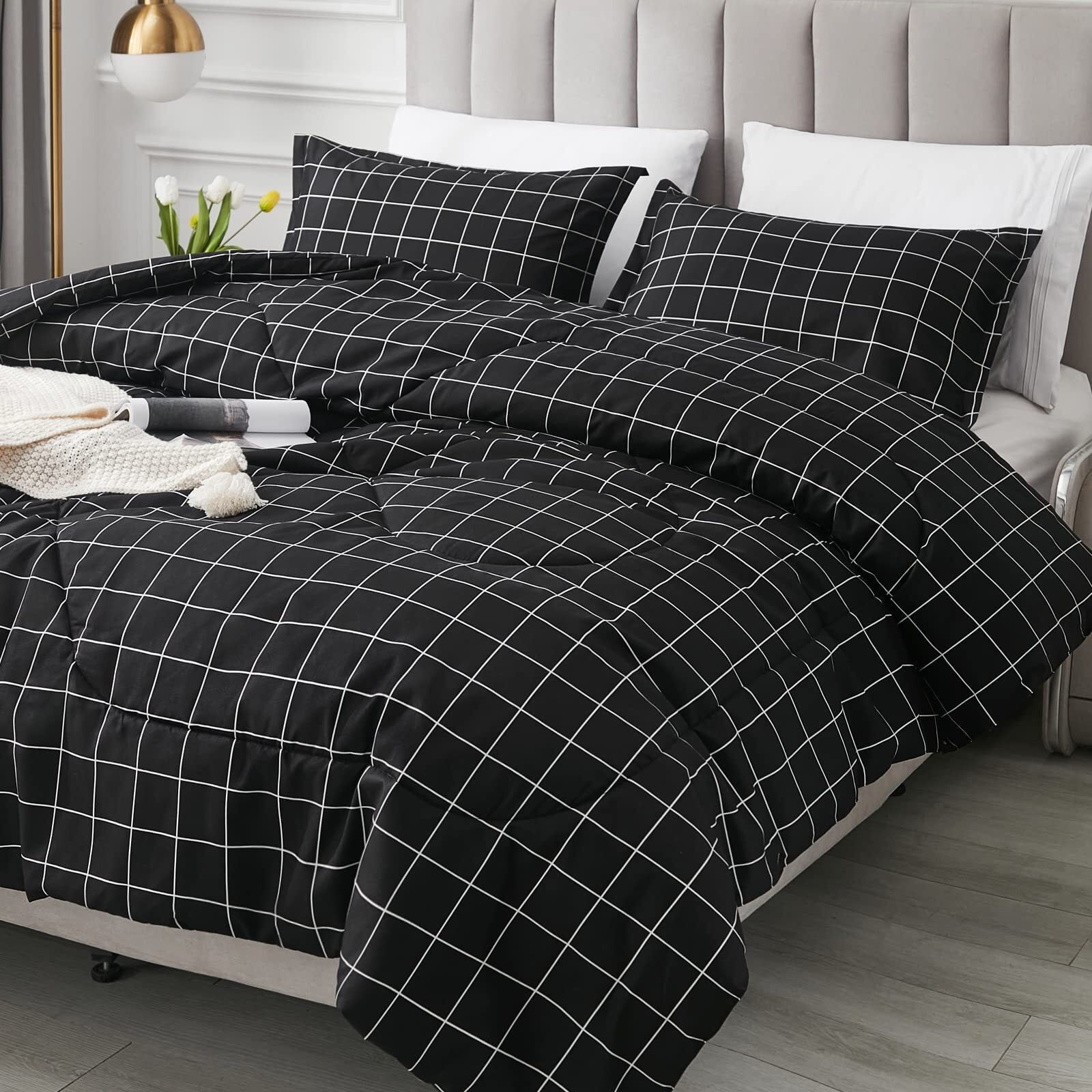 Andency Black Grid Comforter Set Queen Size (90X90 Inch), 3 Pieces(1 Grid Comforter And 2 Pillowcases), Summer Lightweight Microfiber Down Alternative Black Comforter With White Lines