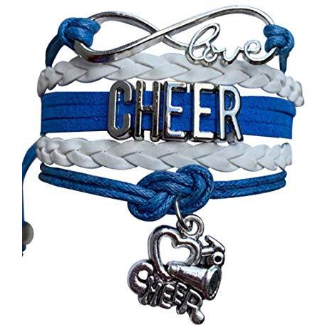 Cheer Bracelet- Cheerleading Charm Infinity Bracelet- Cheer Jewelry - Gift For Cheerleader, Cheer Team Or Team (Blue/White)