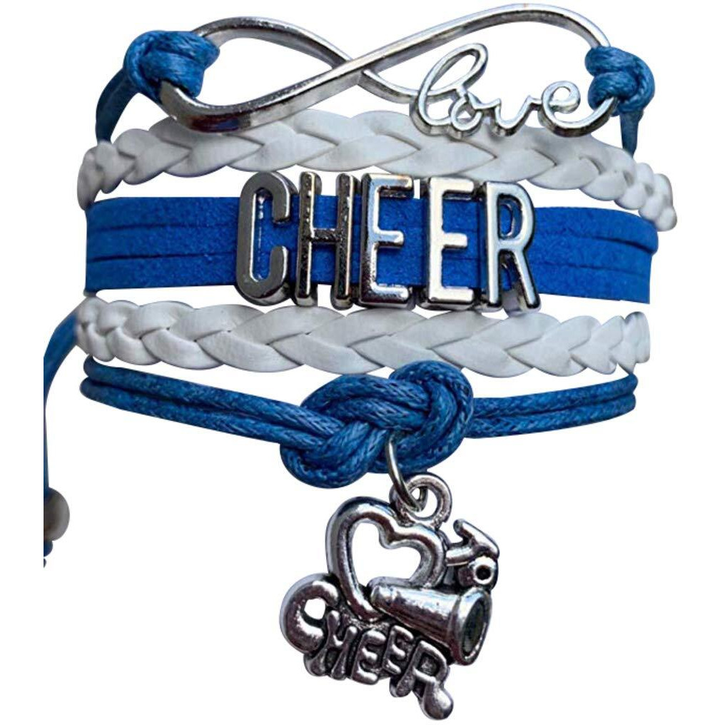 Cheer Bracelet- Cheerleading Charm Infinity Bracelet- Cheer Jewelry - Gift For Cheerleader, Cheer Team Or Team (Blue/White)