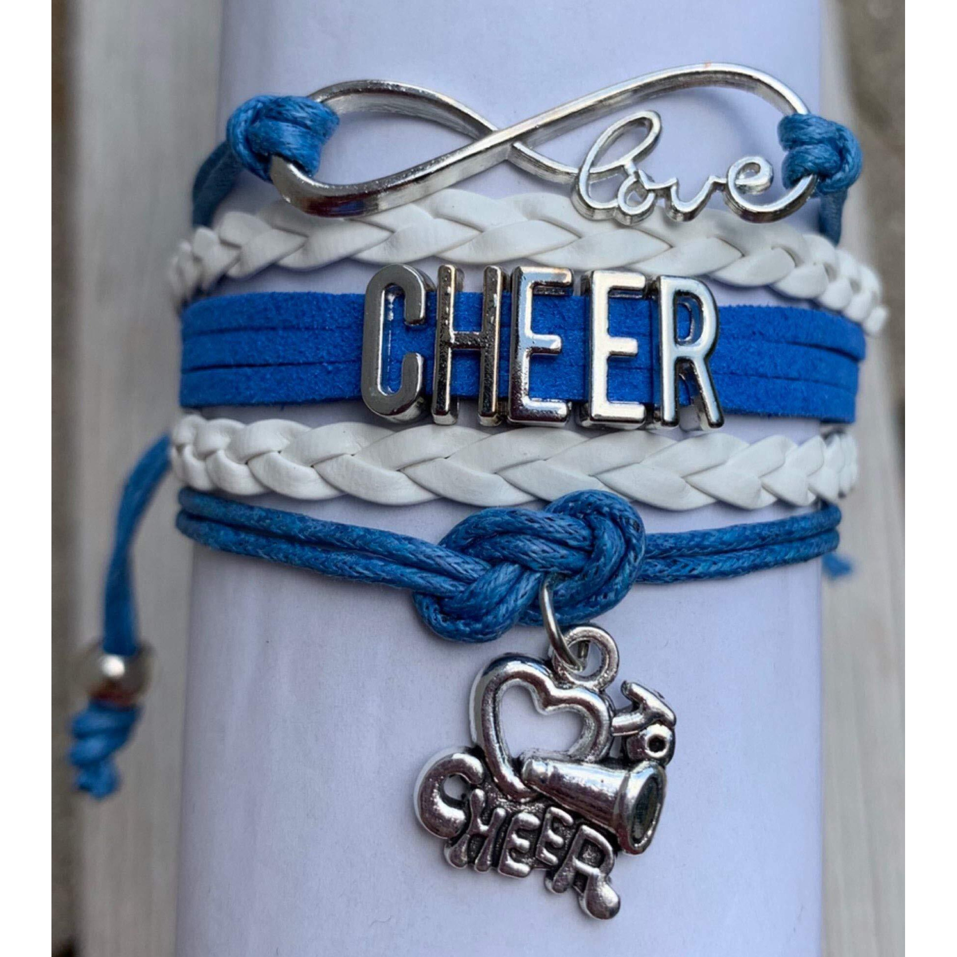 Cheer Bracelet- Cheerleading Charm Infinity Bracelet- Cheer Jewelry - Gift For Cheerleader, Cheer Team Or Team (Blue/White)