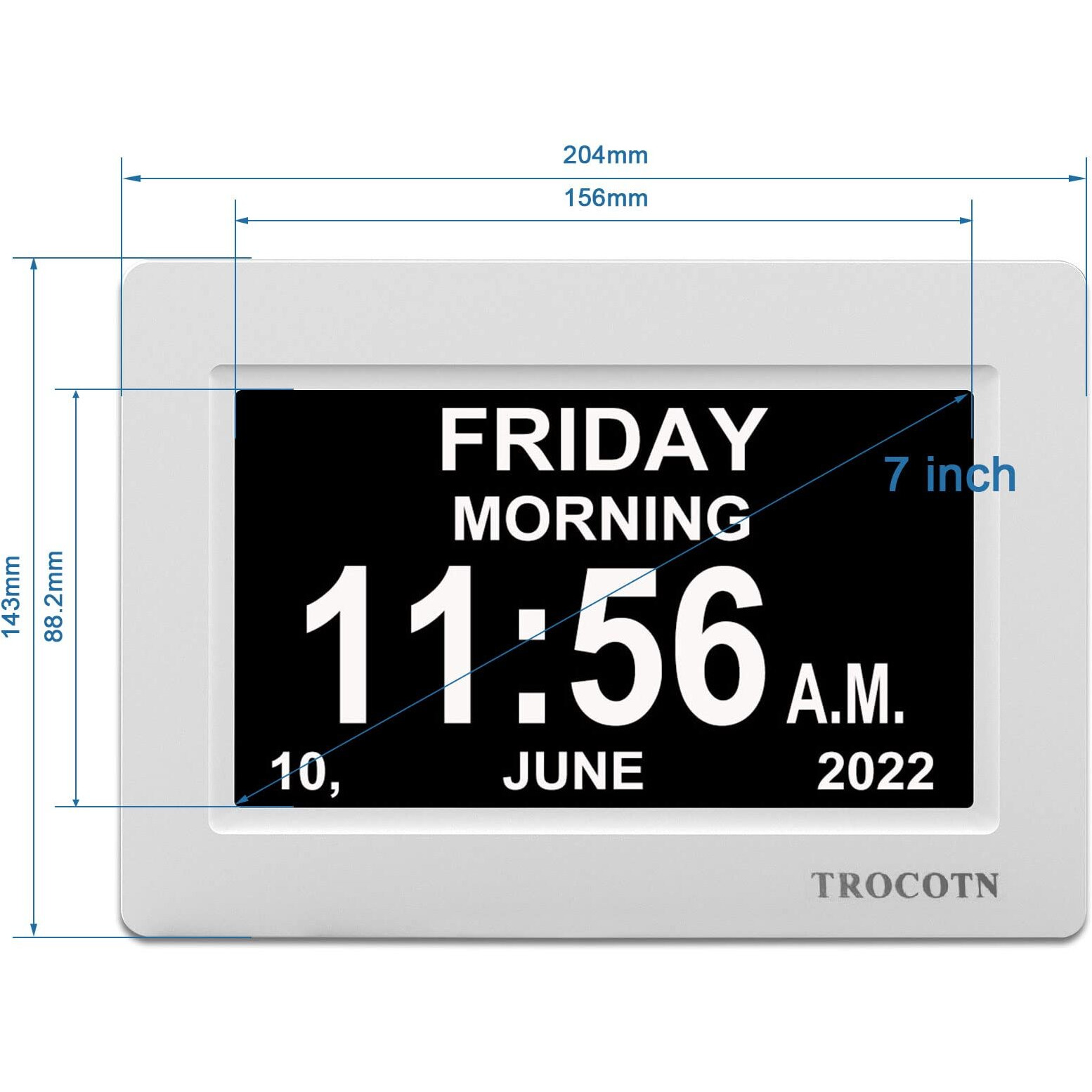 Trocotn 7 Inchs Digital Clock Calendar Clock Large Display Alarm Clock Wall Clock (White)