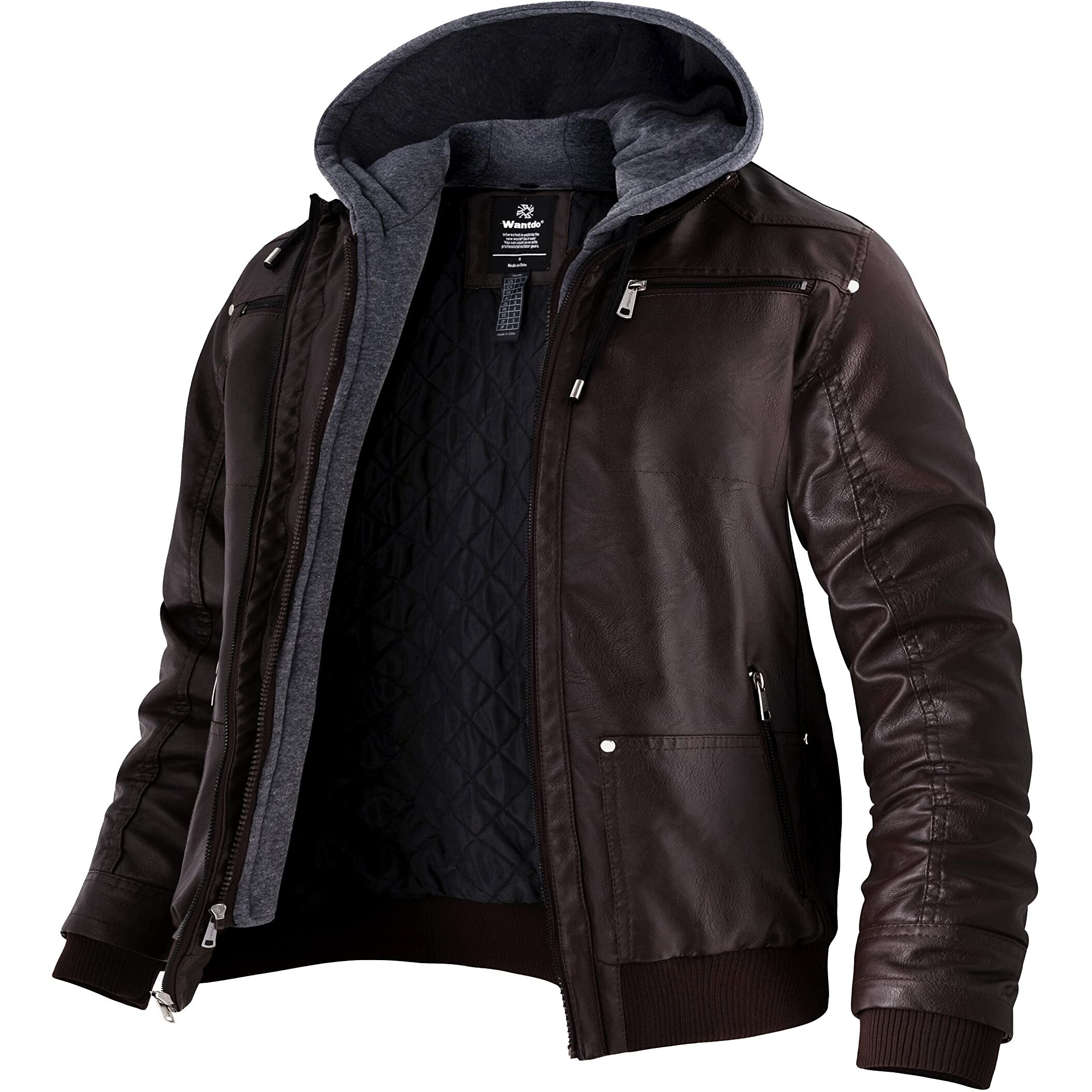 Wantdo Men's Motorcycle Leather Jacket Winter Hooded Bomber Jacket Coffee X-Large (Thick)