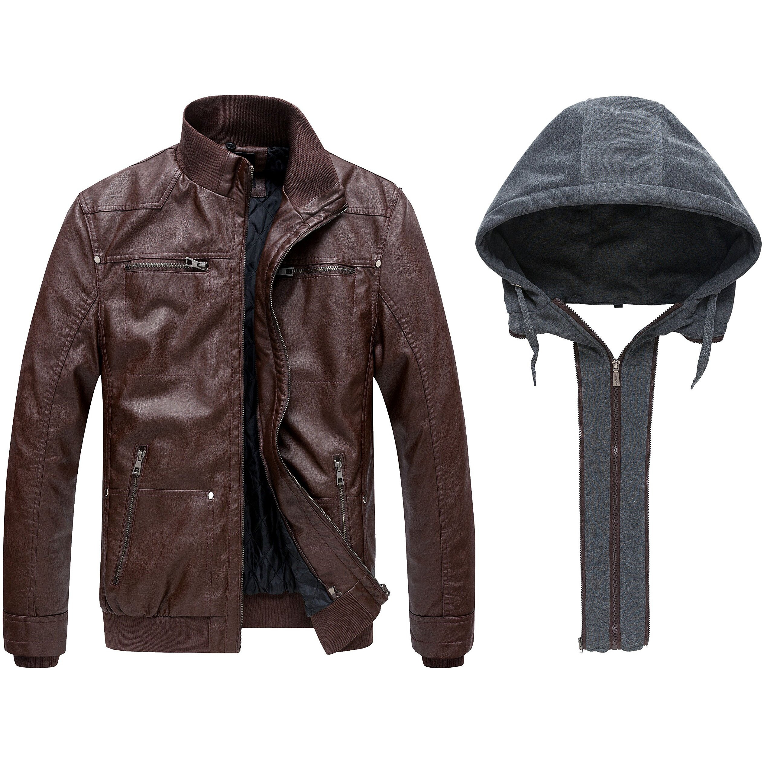 Wantdo Men's Motorcycle Leather Jacket Winter Hooded Bomber Jacket Coffee X-Large (Thick)