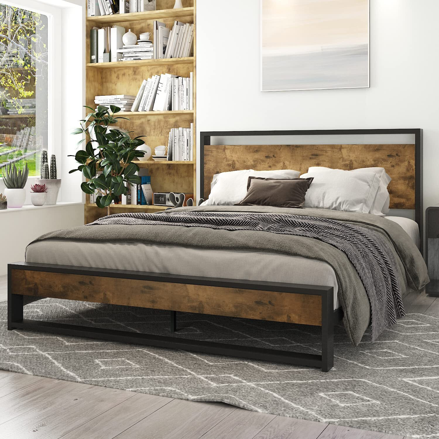 Imusee Queen Bed Frame With Wood Headboard, Modern Rustic Style Platform Bed Frame Queen Size, Heavy Duty Strong Metal Slats Support, No Box Spring Needed, Easy Assembly, Brown