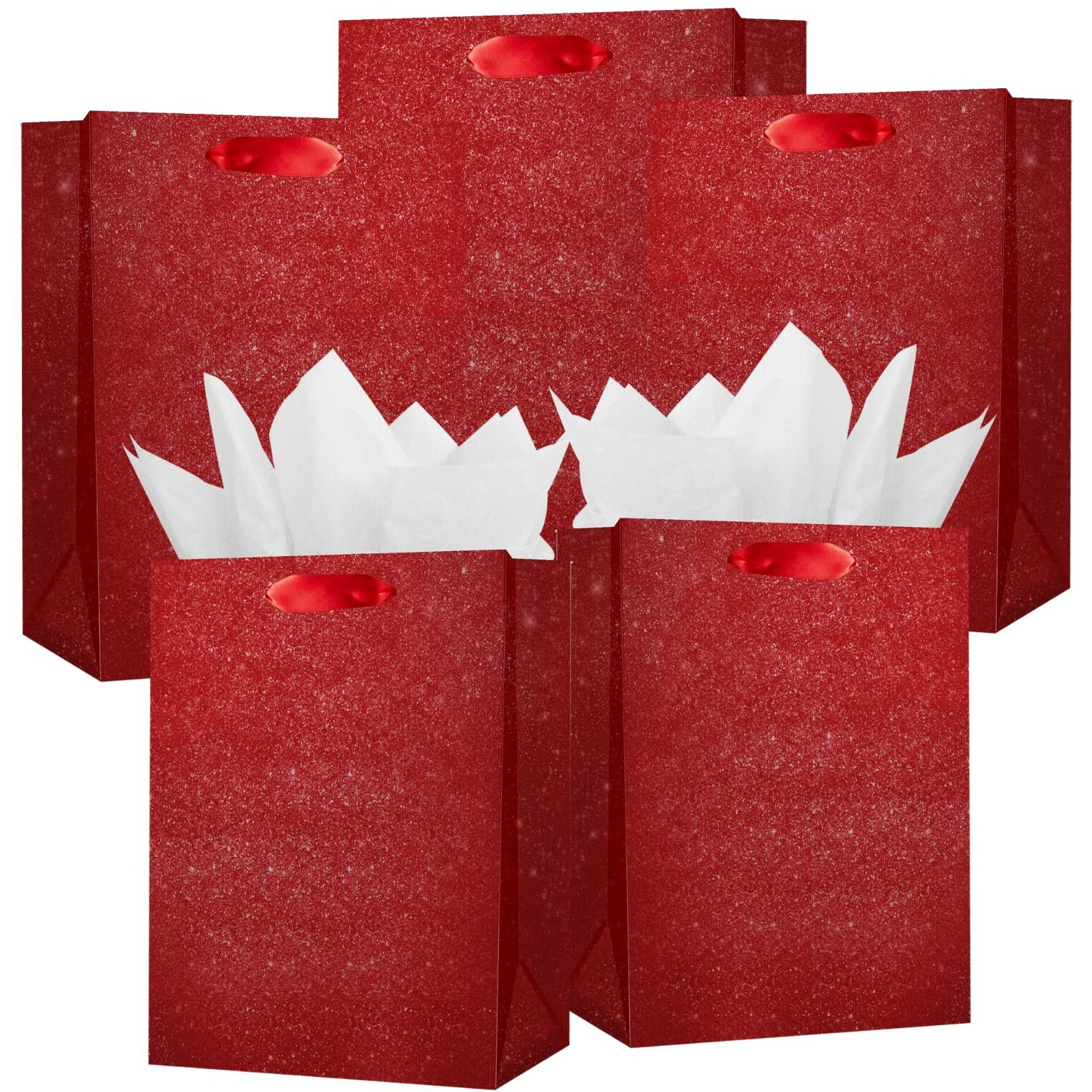 Uniqooo 12Pcs Embossed Ruby Red Glitter Christmas Gift Bags With 24 Tissue Paper Bulk, M 9X7 Inch, Valentines Day Gift Wrap Bag, Wedding Bridal Shower Favor Bag Gift Packaging, Holiday Birthday Party