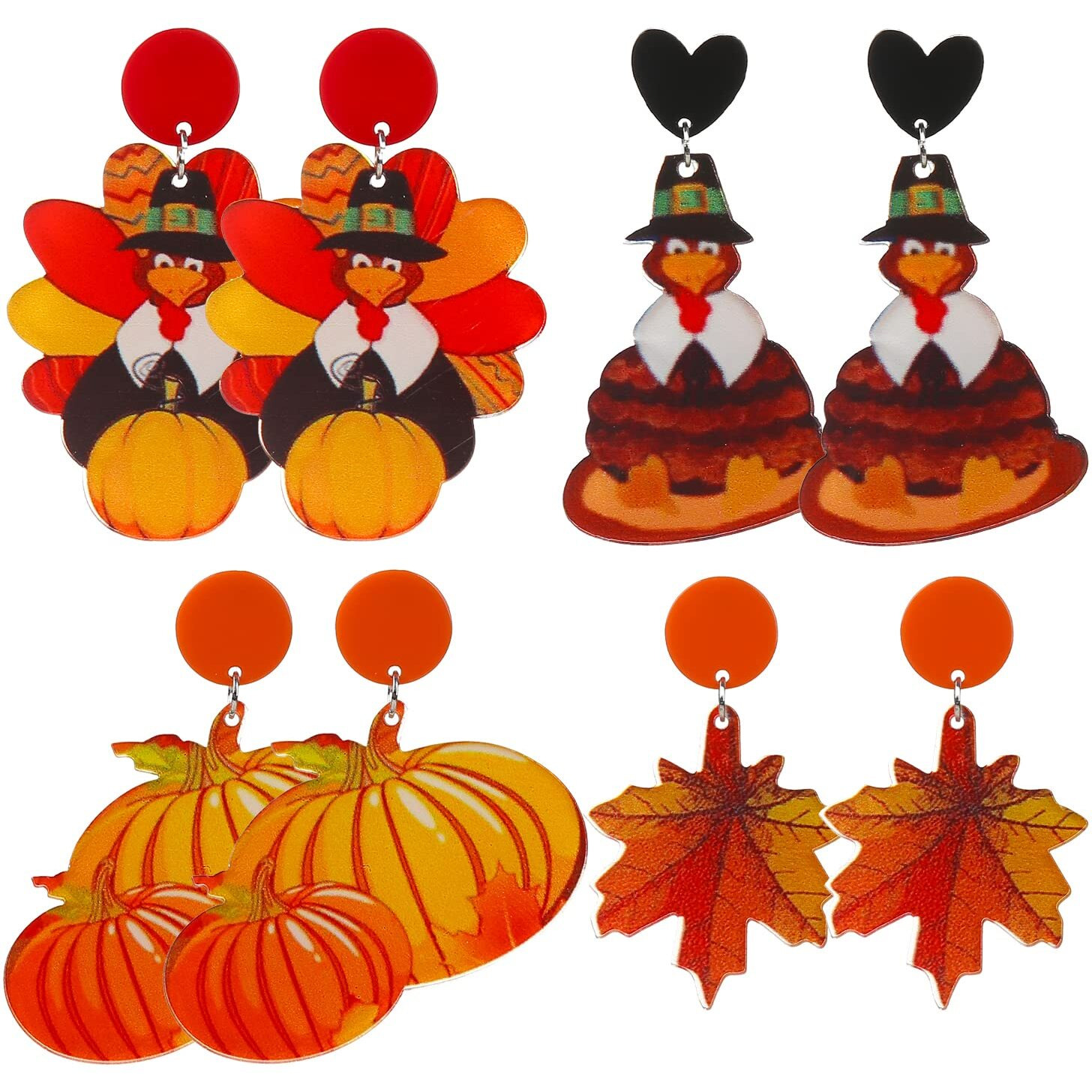 4 Pairs Fall Earrings For Women Autumn Acrylic Earrings Stud Holiday Earrings For Women Pumpkin Earrings Thanksgiving Earrings Turkey Earrings Fall Leaf Earrings Jewelry