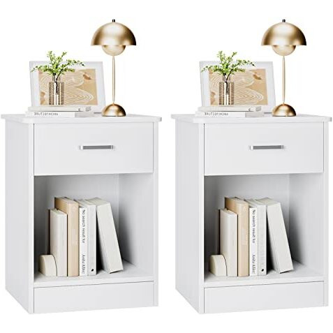 Fotosok Nightstand, Set Of 2, 2-Tier Side Table With Drawer And Storage Shelf, Bedside Table End Table, Modern Night Stand For Bedroom, Living Room, Home Office,White