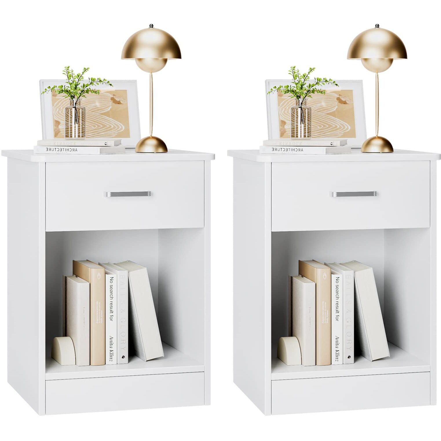 Fotosok Nightstand, Set Of 2, 2-Tier Side Table With Drawer And Storage Shelf, Bedside Table End Table, Modern Night Stand For Bedroom, Living Room, Home Office,White