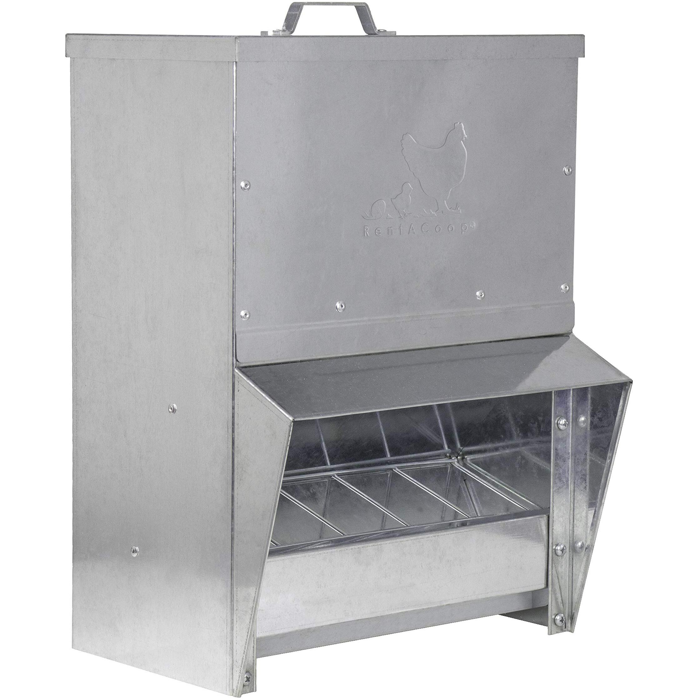Rentacoop Galvanized Chicken Trough Feeder, Weatherproof Poultry Food Dispenser With Lid 25Lb Capacity