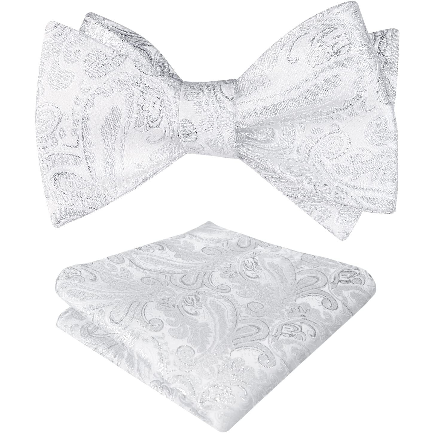 Alizeal Mens Paisley Jacquard Self Bow Tie Pocket Square Set (Shiny Silver)